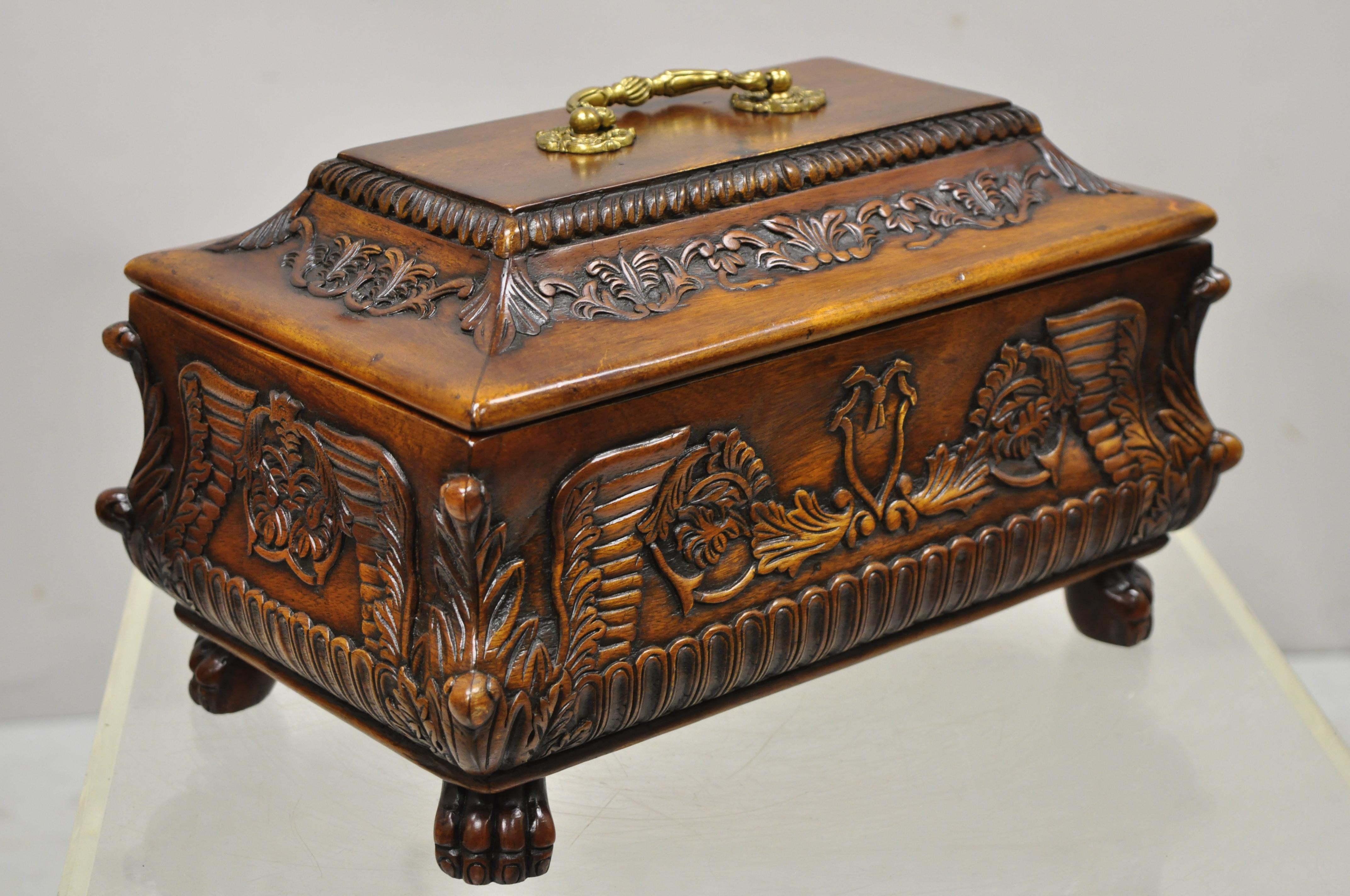 French Empire Rococo Style Carved Mahogany Paw Feet Jewelry Vanity Trinket Box For Sale 4