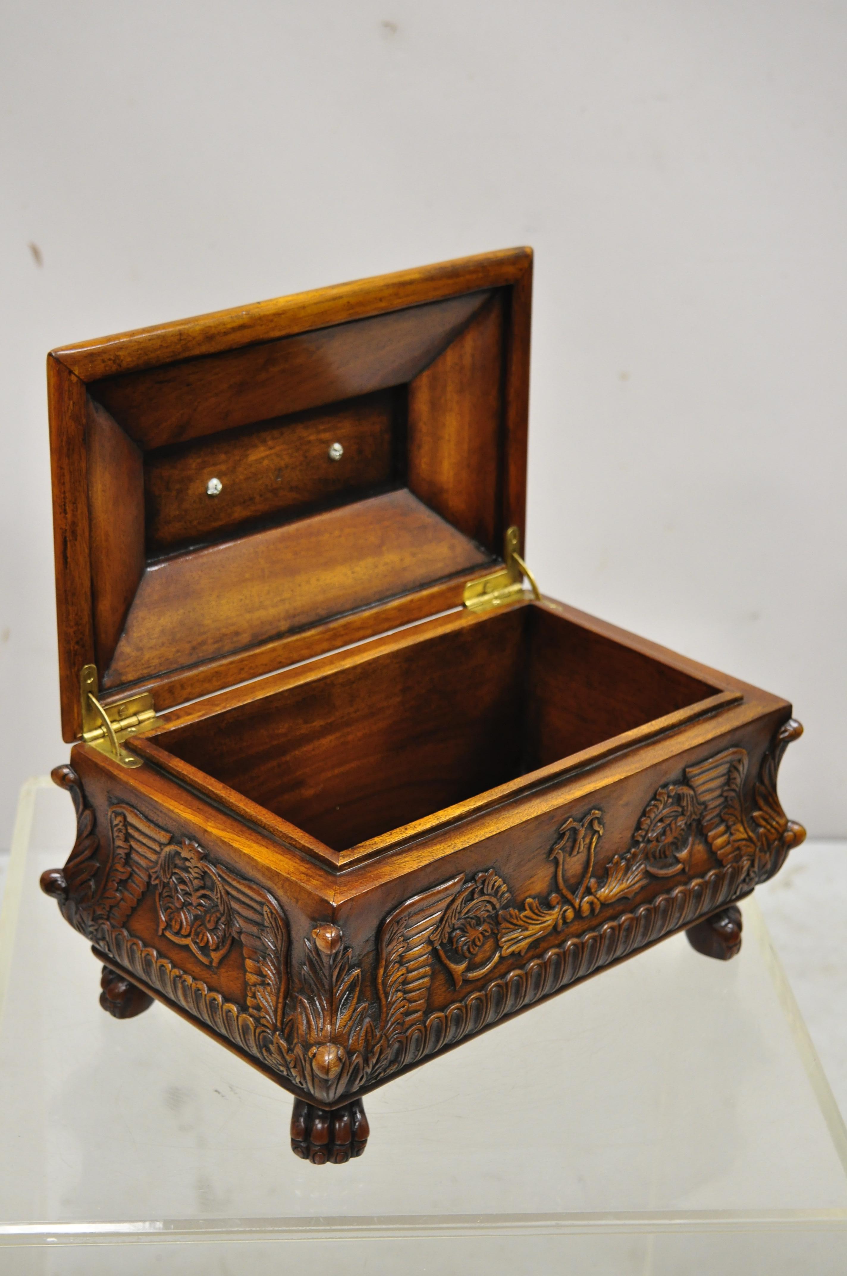 French Empire Rococo Style Carved Mahogany Paw Feet Jewelry Vanity Trinket Box For Sale 4