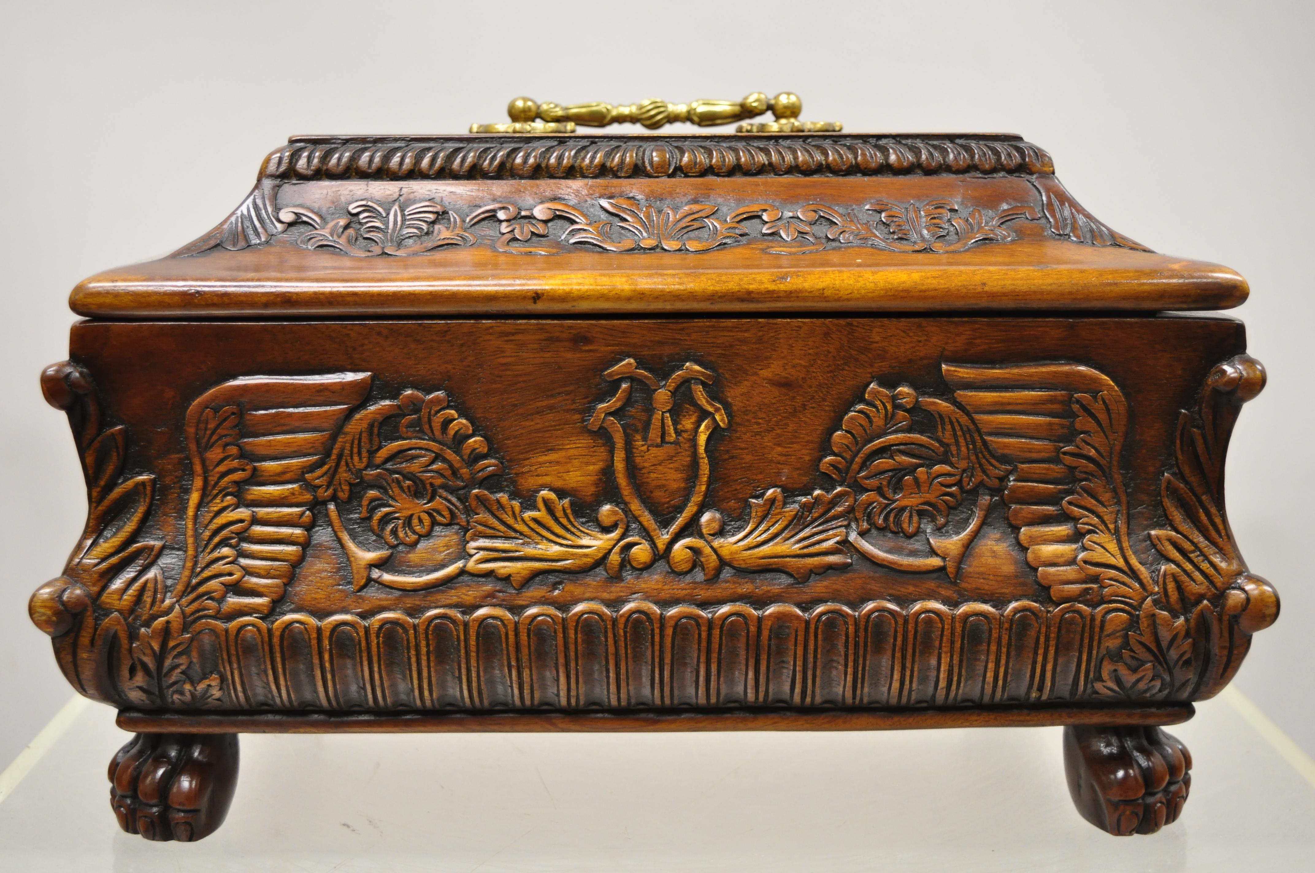 Reproduction French Empire Rococo Style carved Mahogany paw feet Jewelry Box vanity trinket box. Item features solid wood construction, nicely carved details, carved paw feet, solid brass hardware, very nice item, great style and form. Circa Late