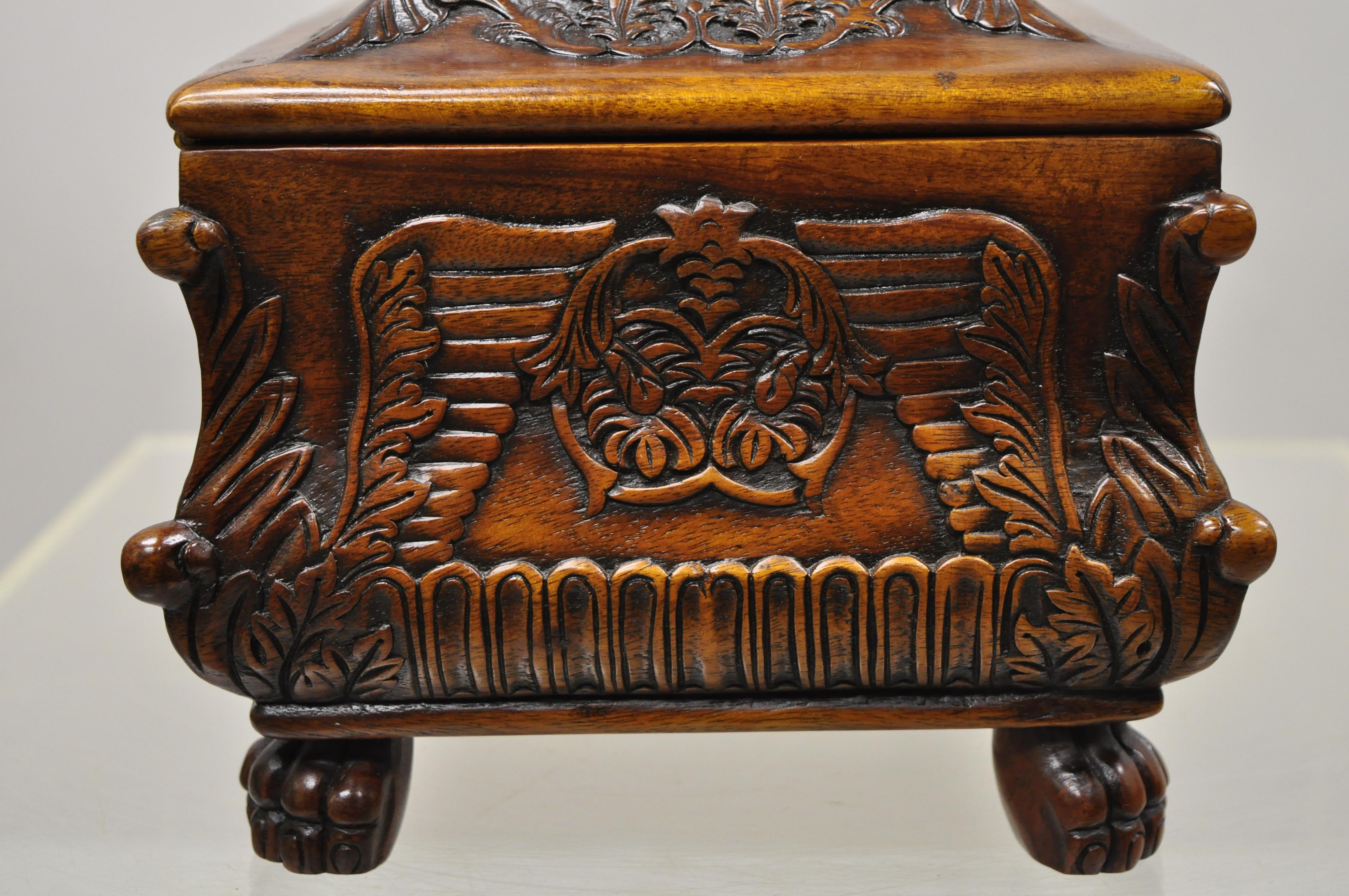 French Empire Rococo Style Carved Mahogany Paw Feet Jewelry Vanity Trinket Box In Good Condition For Sale In Philadelphia, PA