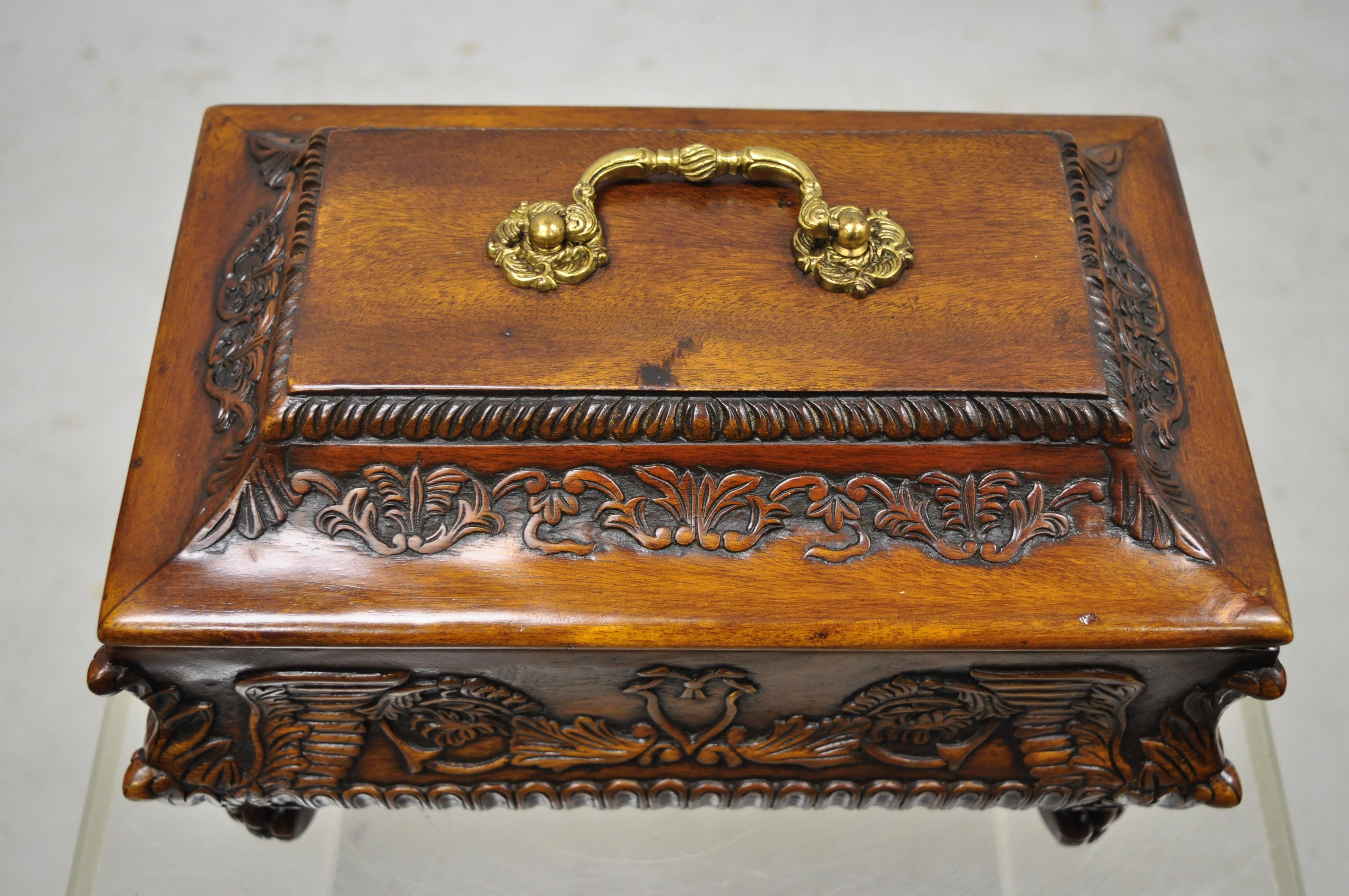 Brass French Empire Rococo Style Carved Mahogany Paw Feet Jewelry Vanity Trinket Box For Sale