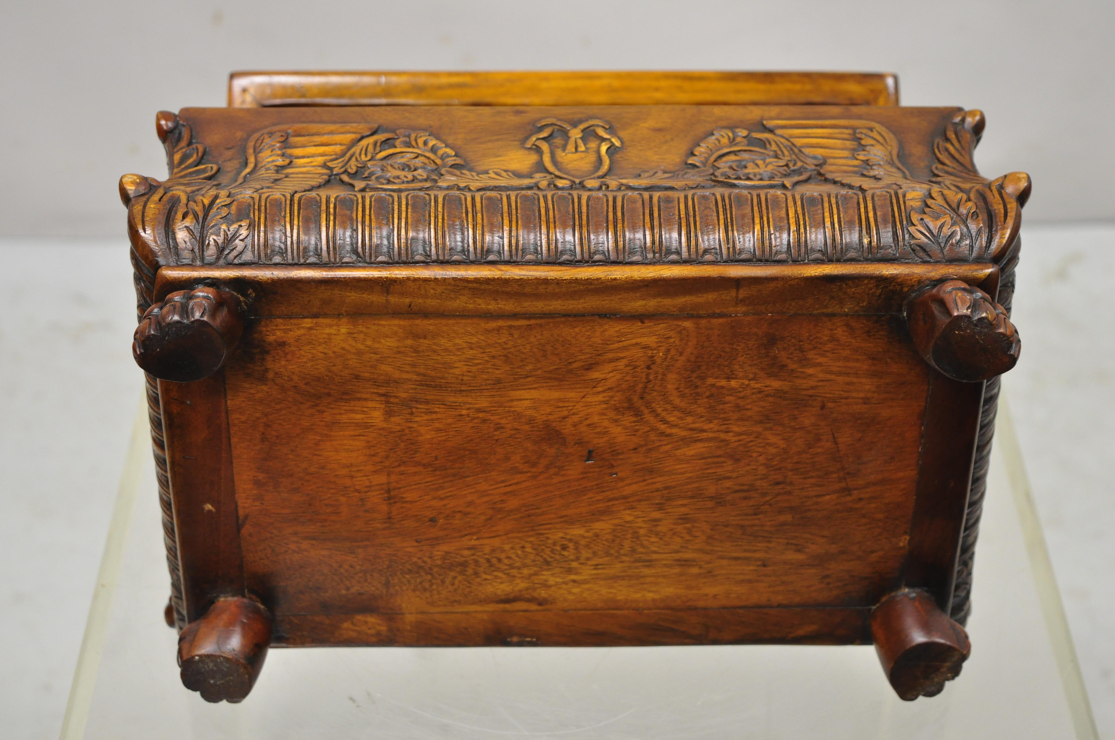 French Empire Rococo Style Carved Mahogany Paw Feet Jewelry Vanity Trinket Box 1