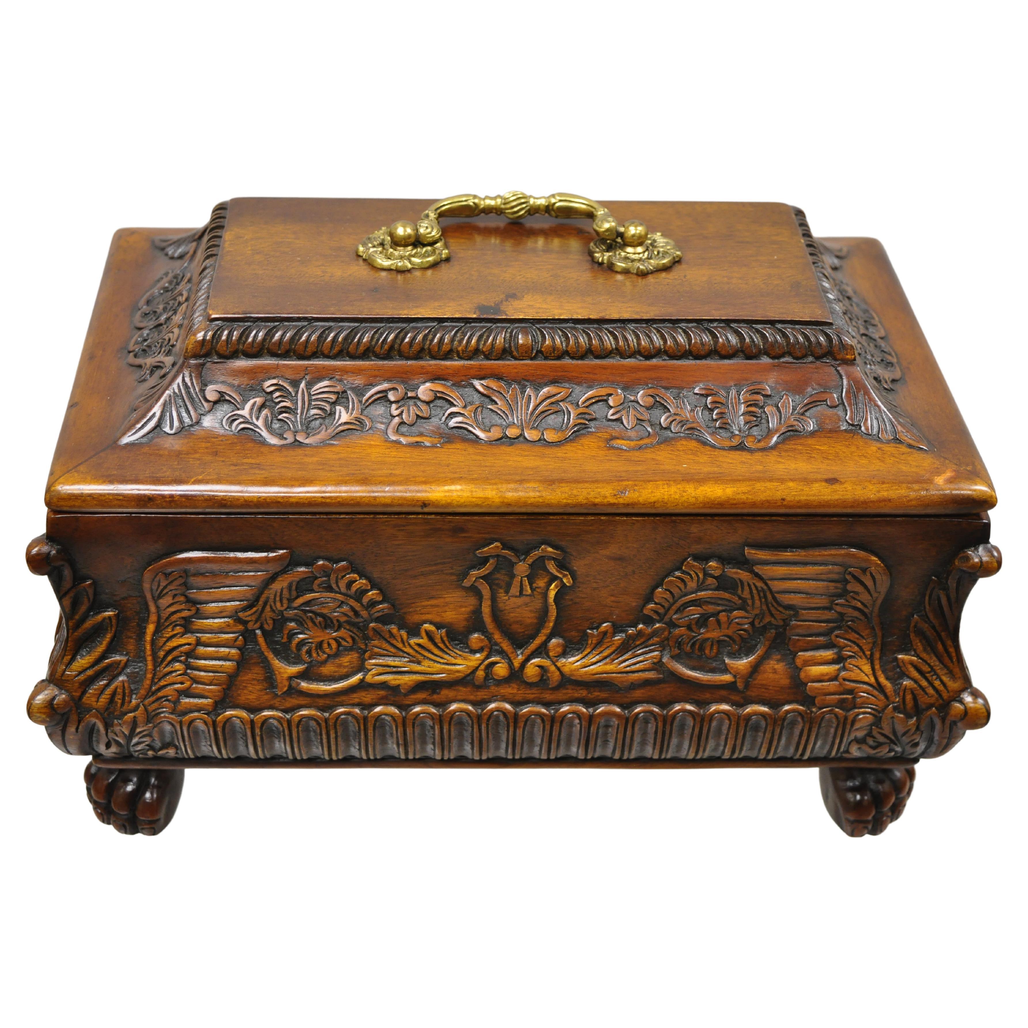 French Empire Rococo Style Carved Mahogany Paw Feet Jewelry Vanity Trinket Box For Sale