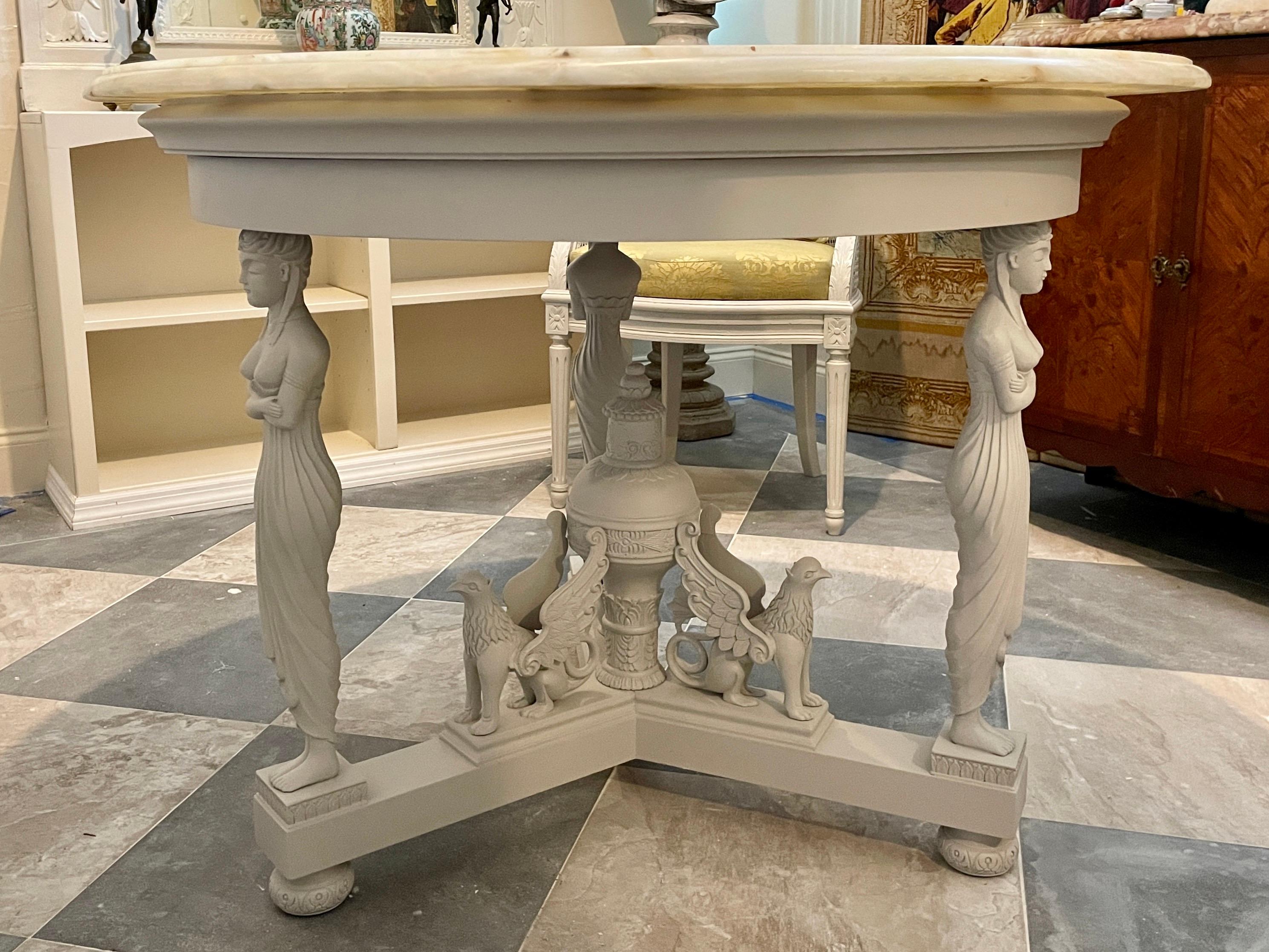French Empire classical center table in a painted gray finish and gorgeous onyx stone top. Very beautiful color combination and very rare. Add some French Classical Architecture to your home.