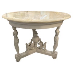 French Empire Round Center Table Painted Gray with Onyx Top