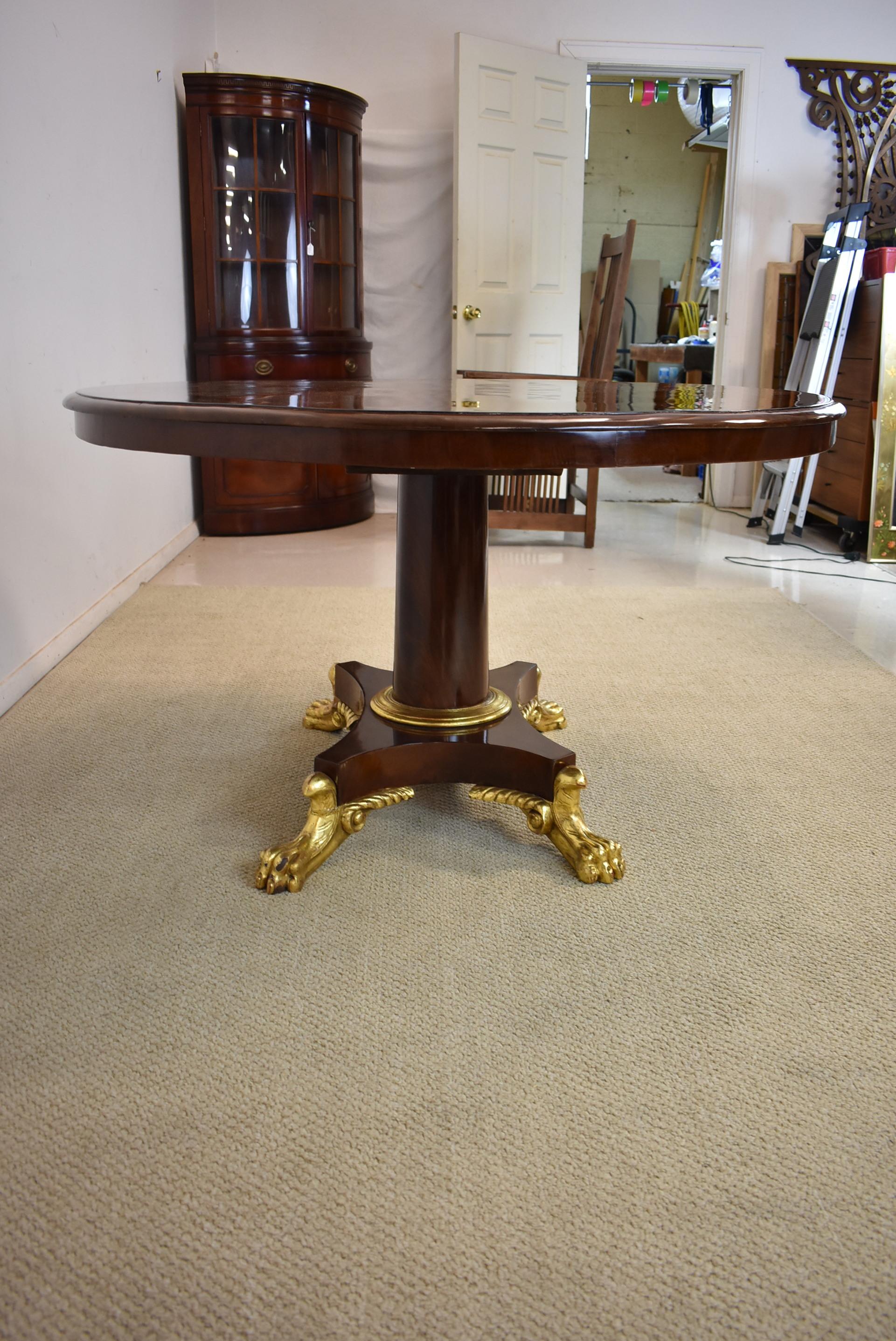 French Empire Round Mahogany Center Table with Gold Gilt Paw Feet In Good Condition In Toledo, OH