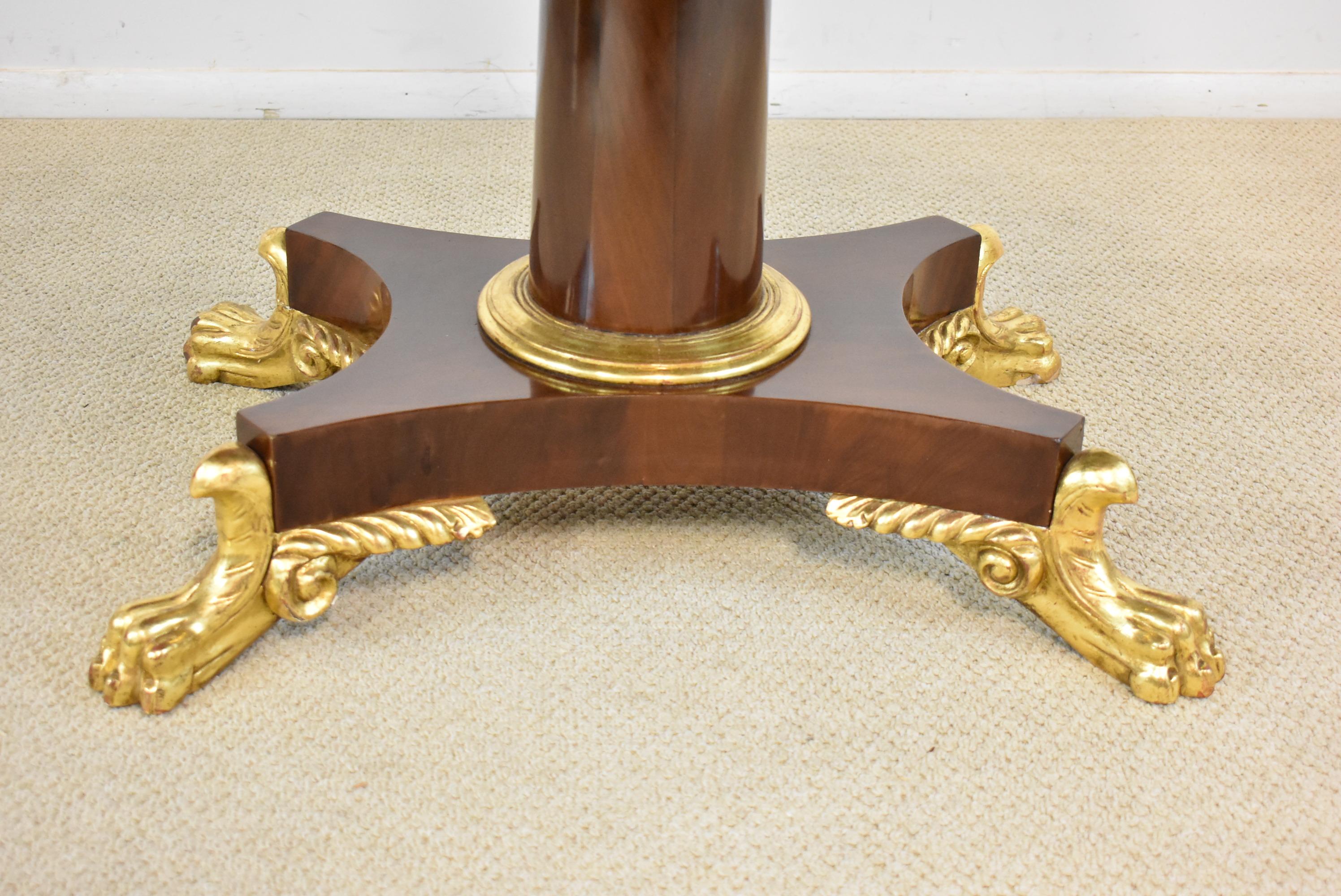 19th Century French Empire Round Mahogany Center Table with Gold Gilt Paw Feet