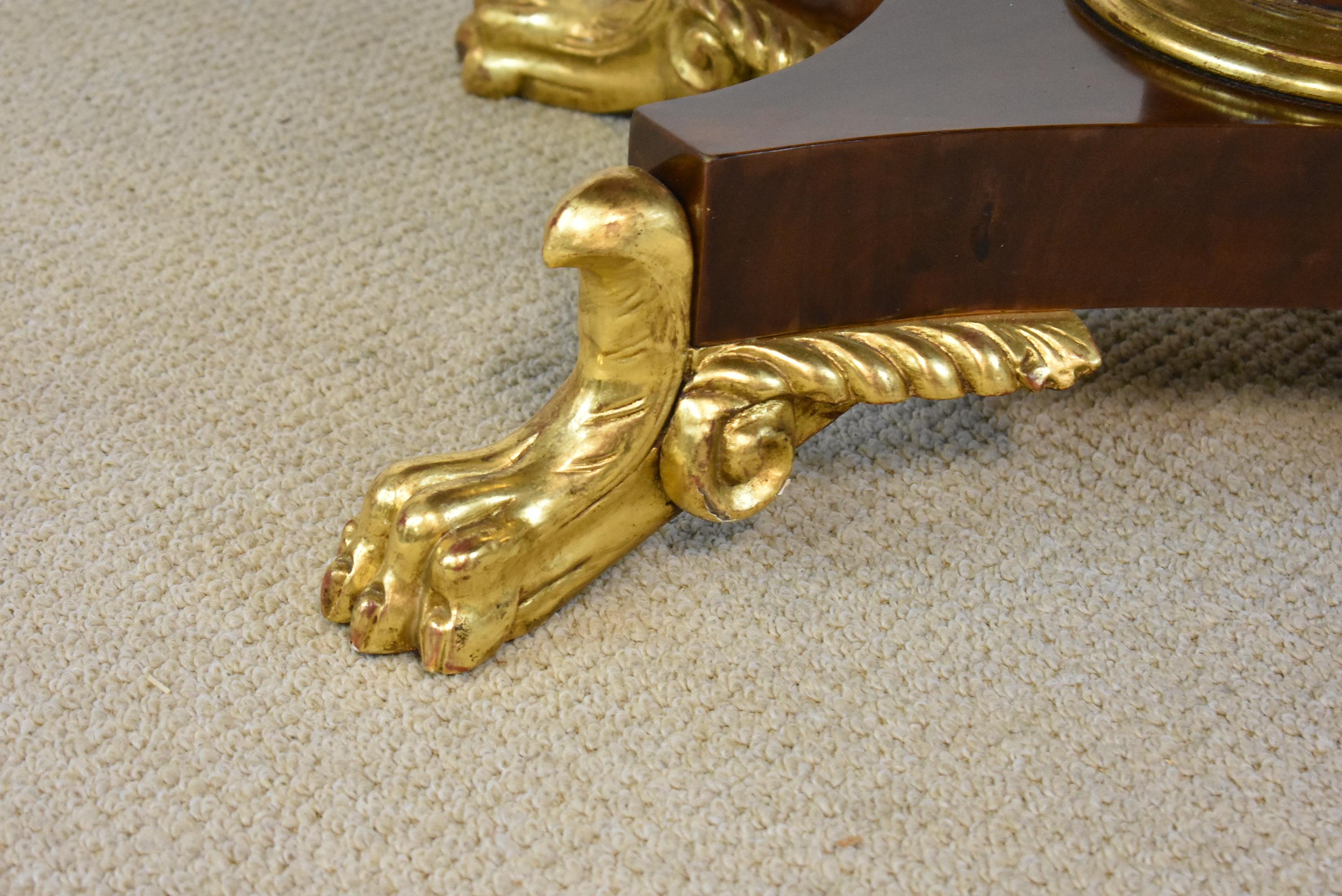 Wood French Empire Round Mahogany Center Table with Gold Gilt Paw Feet