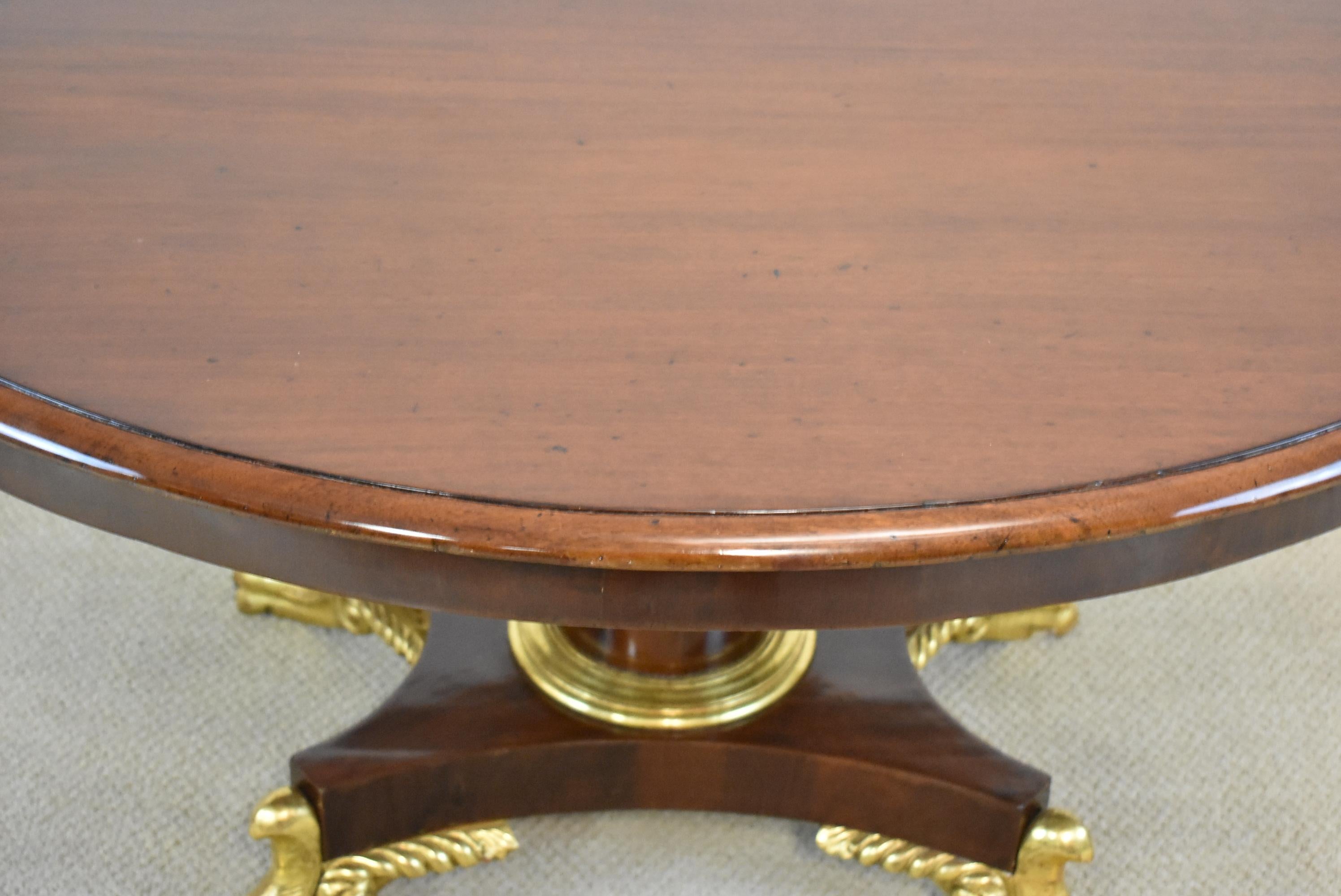 French Empire Round Mahogany Center Table with Gold Gilt Paw Feet 1