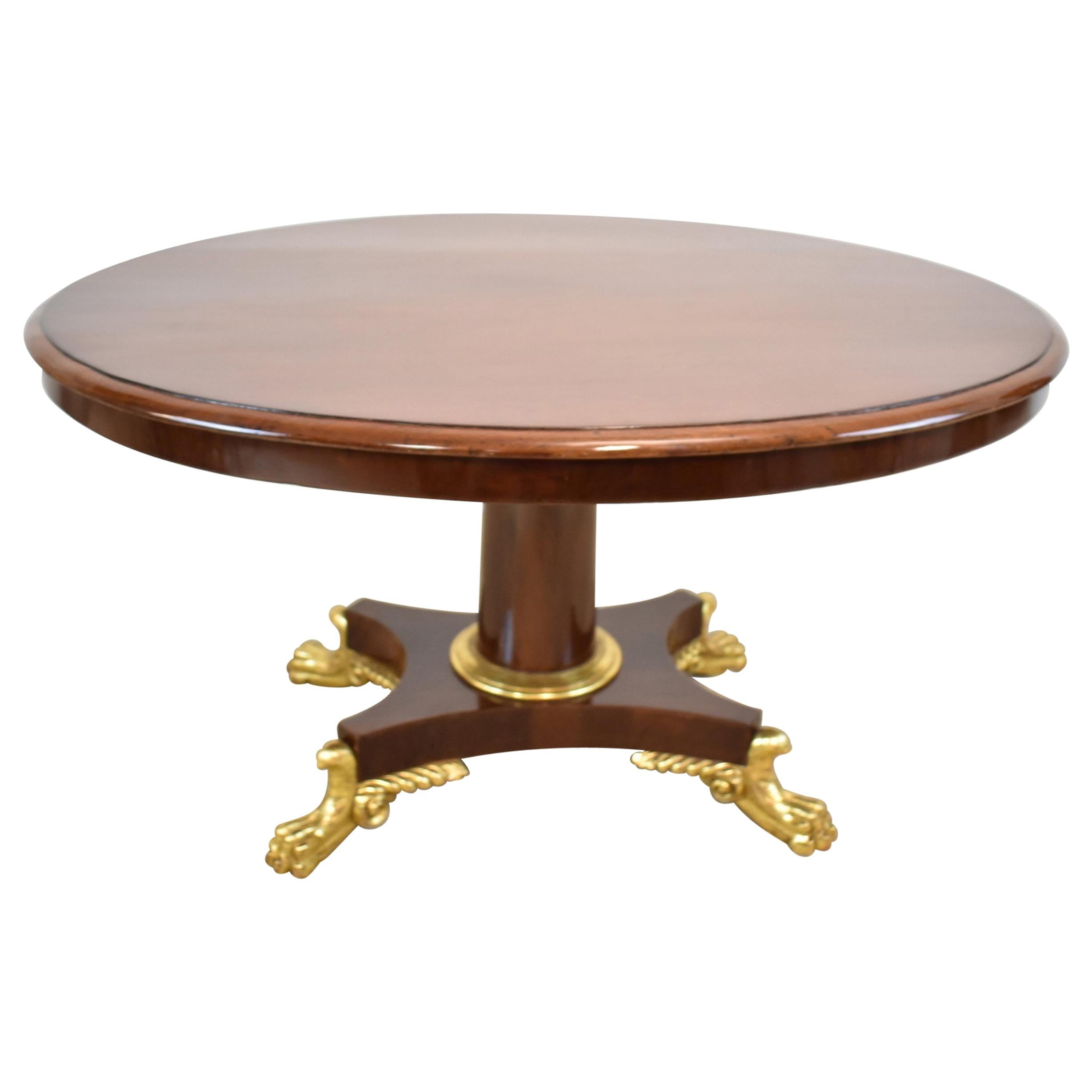 French Empire Round Mahogany Center Table with Gold Gilt Paw Feet