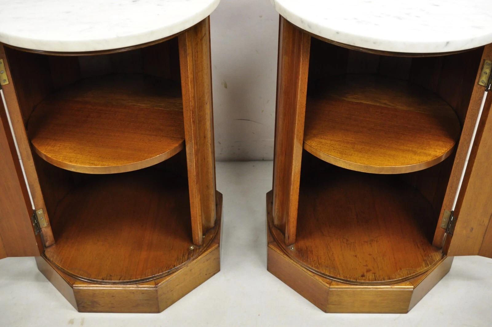 French Empire Round Marble Top Mahogany Column Pedestal Cabinet End Table Pair For Sale 5