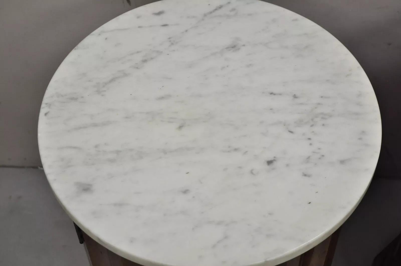 20th Century French Empire Round Marble Top Mahogany Column Pedestal Cabinet End Table Pair For Sale
