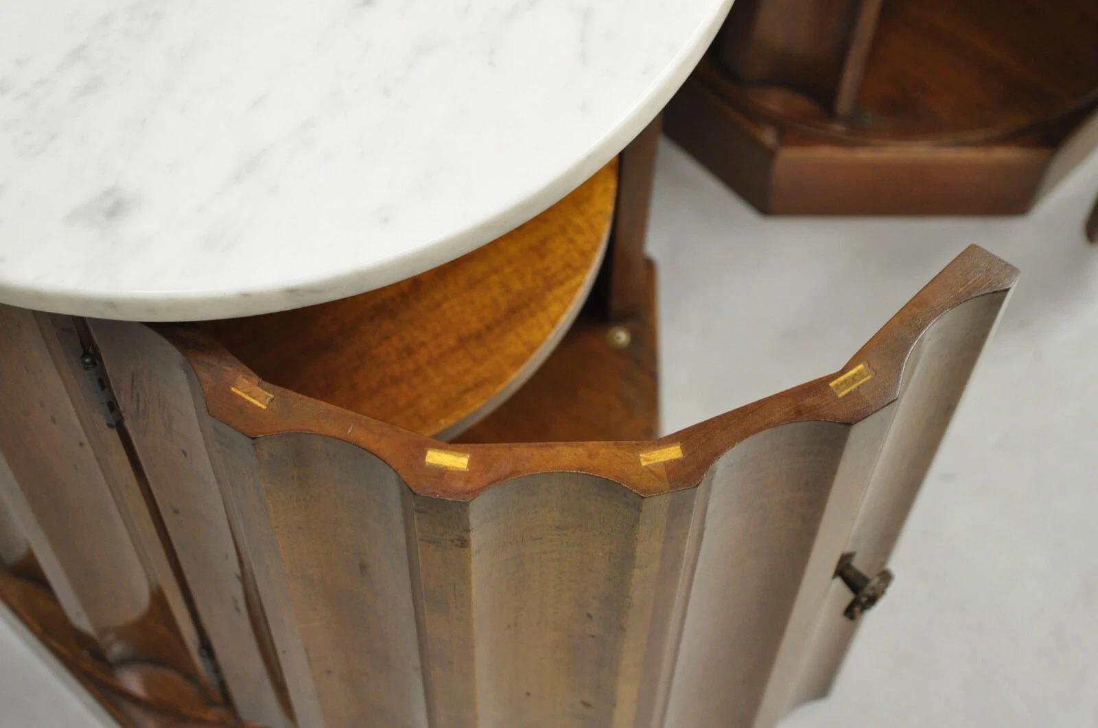 French Empire Round Marble Top Mahogany Column Pedestal Cabinet End Table Pair For Sale 4
