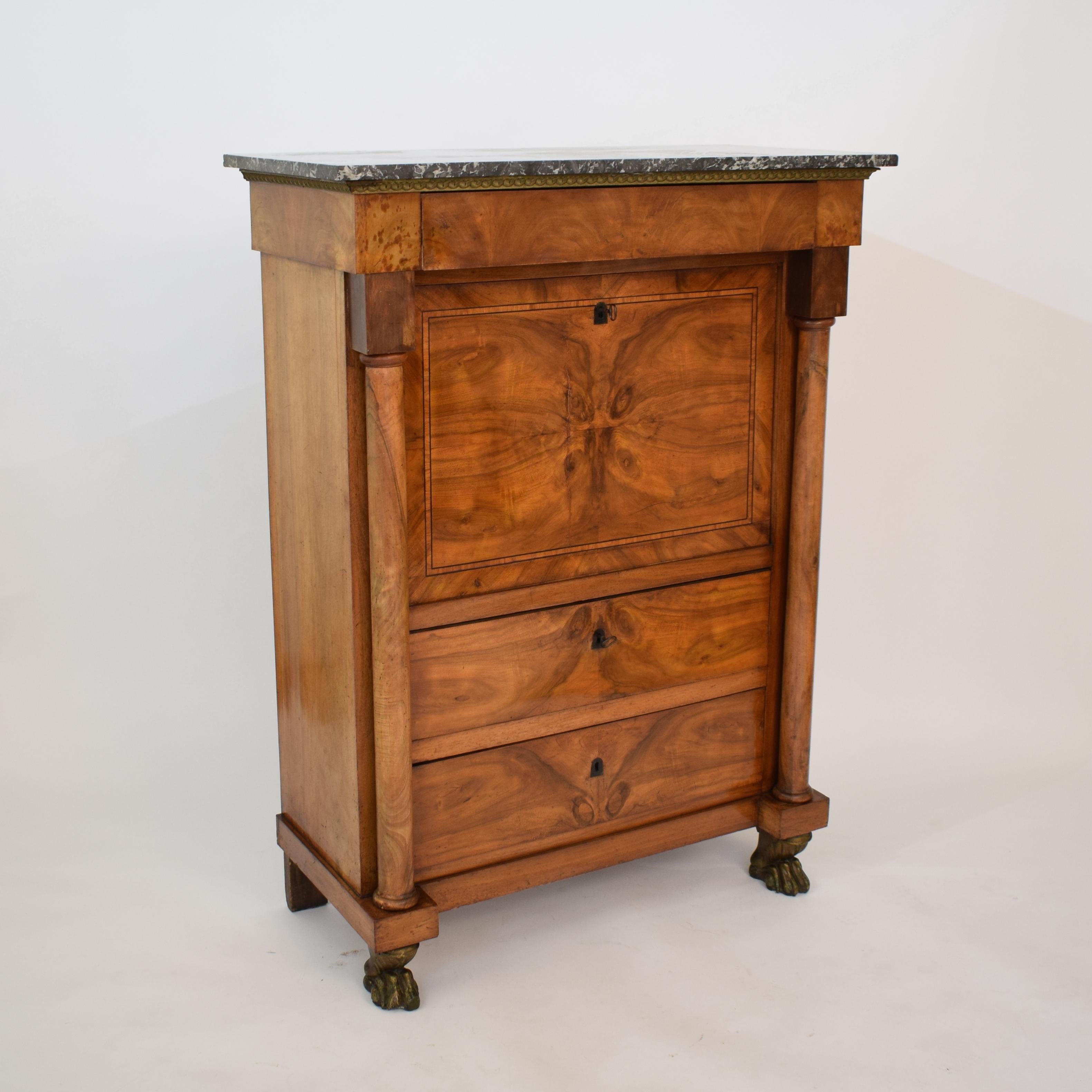 19th Century French Empire Secretaire a Abattant in Brown Walnut with Grey Marble Top, 1810
