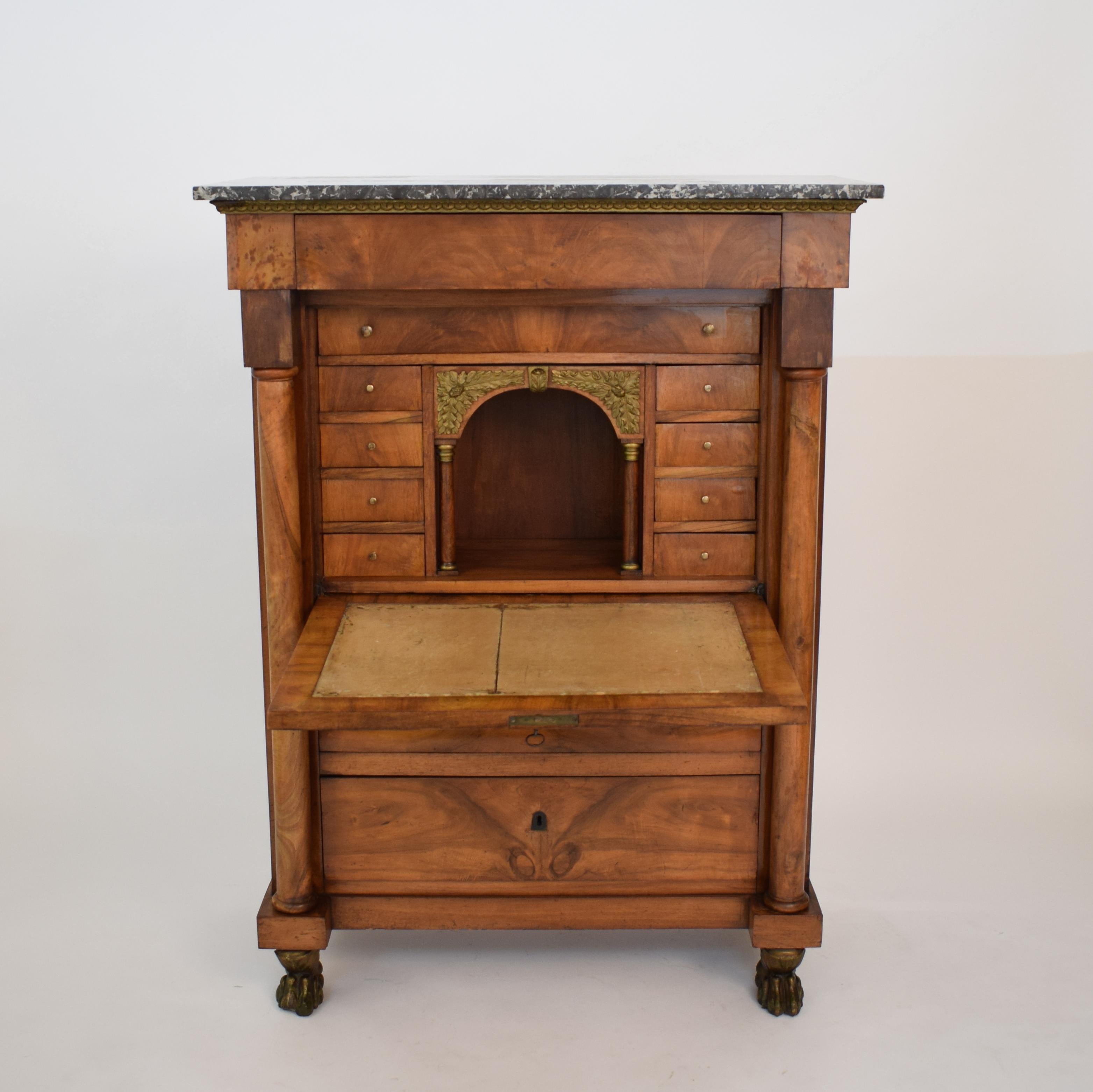 French Empire Secretaire a Abattant in Brown Walnut with Grey Marble Top, 1810 In Good Condition In Berlin, DE