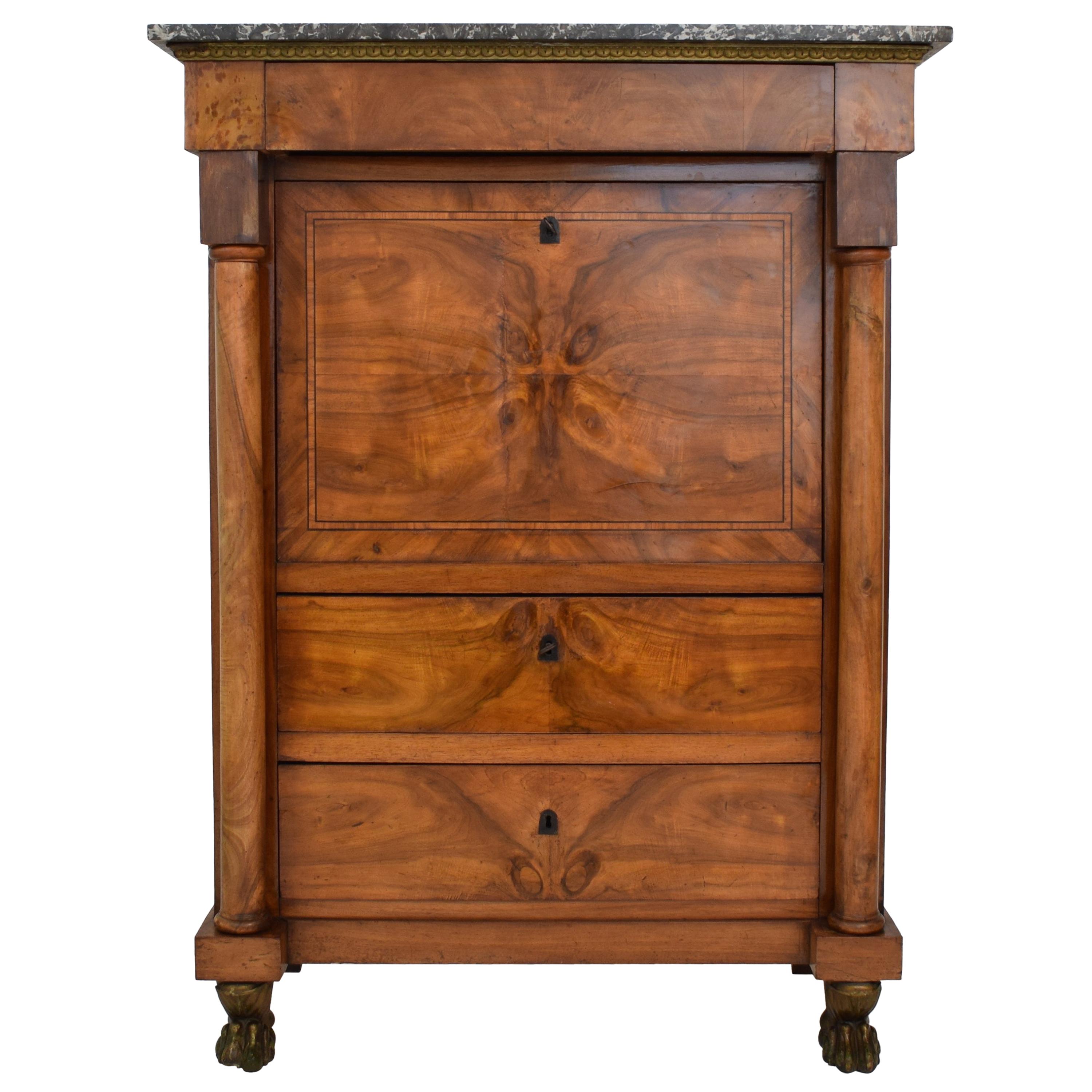 French Empire Secretaire a Abattant in Brown Walnut with Grey Marble Top, 1810