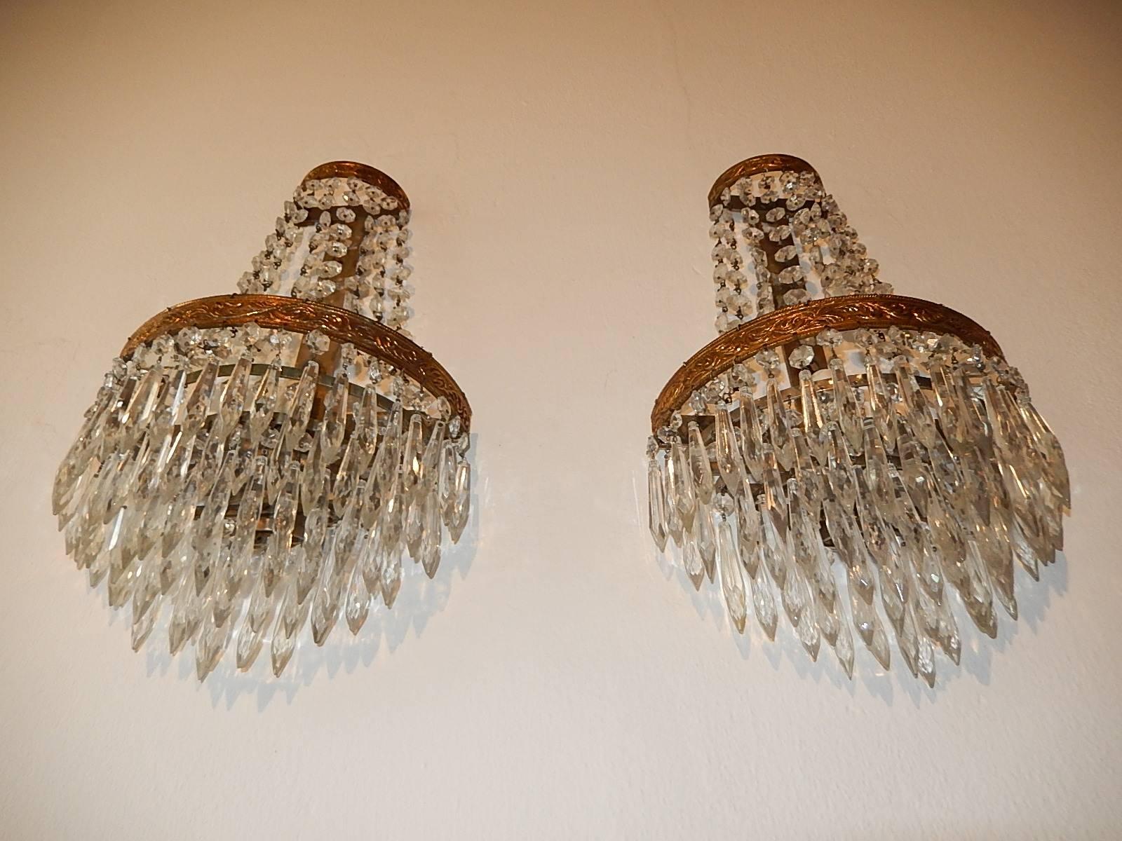 French Empire Seven Tiers Crystal Prism Sconces, circa 1930 In Good Condition For Sale In Modena (MO), Modena (Mo)