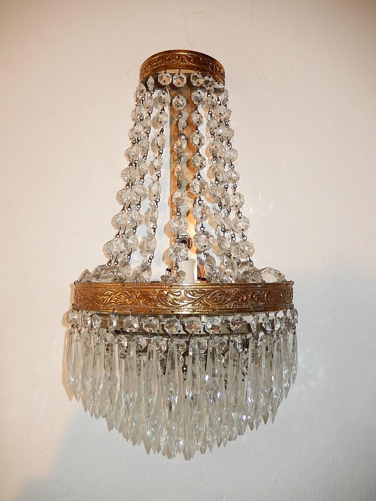 Mid-20th Century French Empire Seven Tiers Crystal Prism Sconces, circa 1930 For Sale