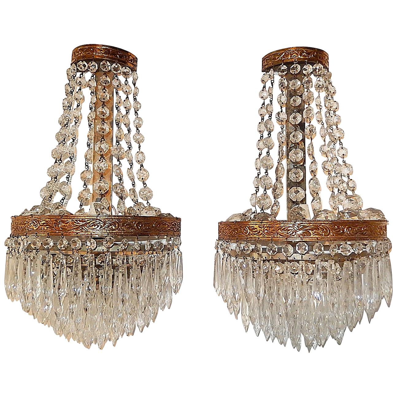 French Empire Seven Tiers Crystal Prism Sconces, circa 1930 For Sale