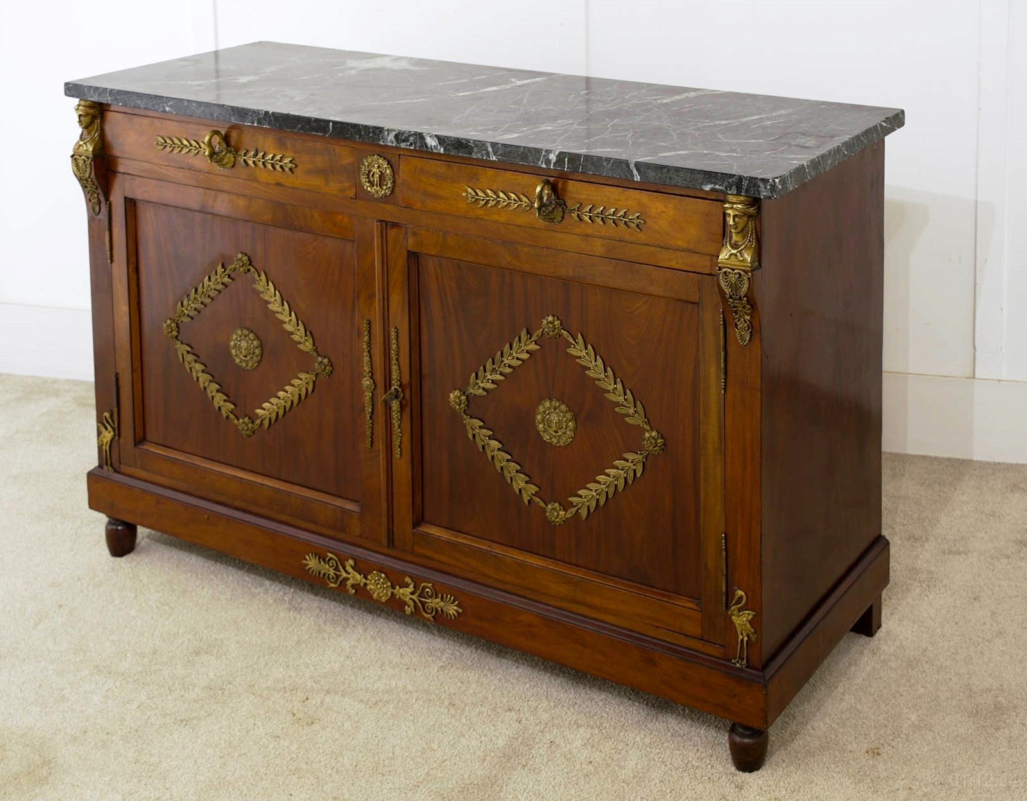 Late 19th Century French Empire Sideboard Cabinet Mahogany Ormolu Pharo 1880 For Sale