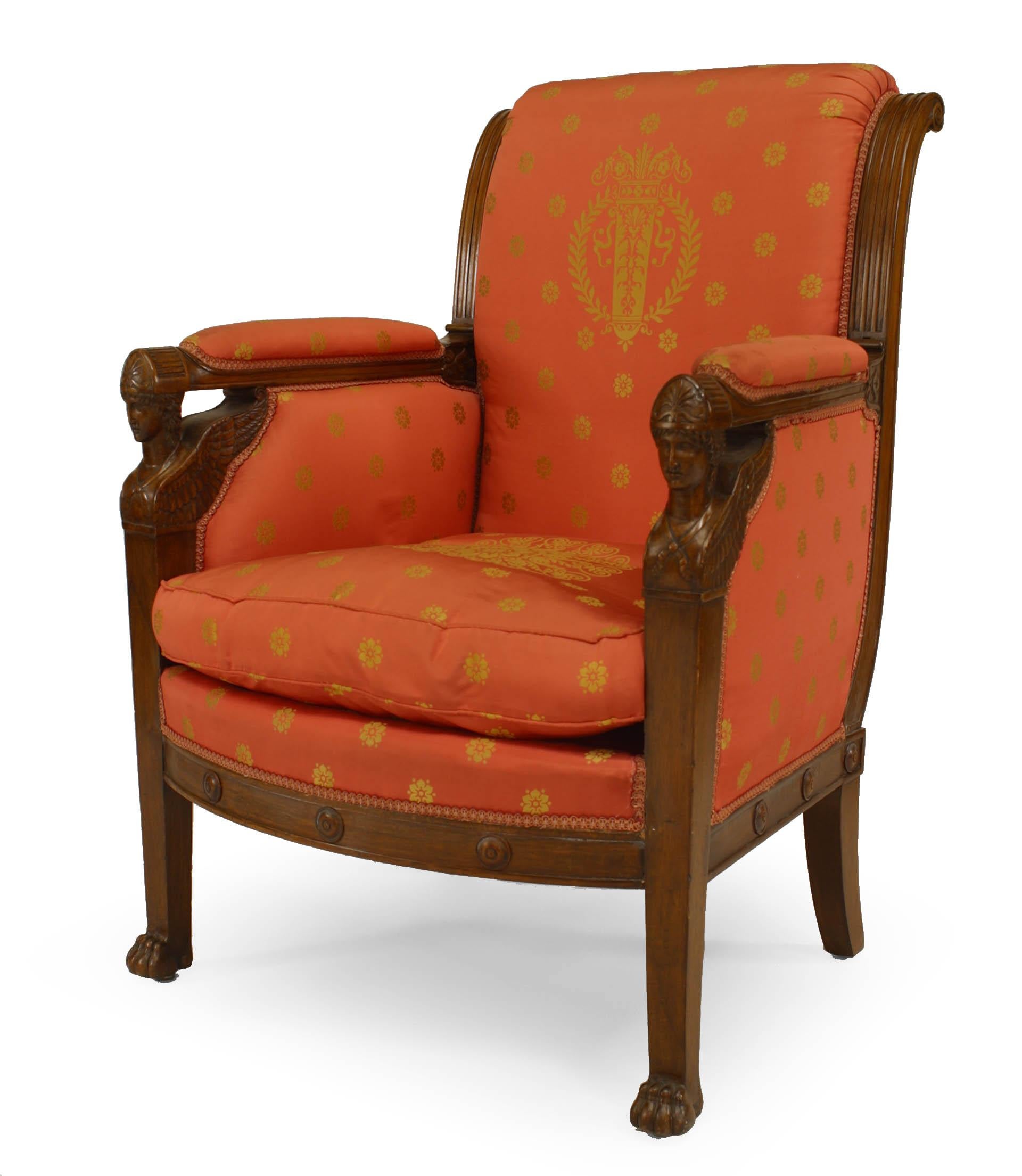 French Empire Silk Bergère Armchairs In Good Condition For Sale In New York, NY
