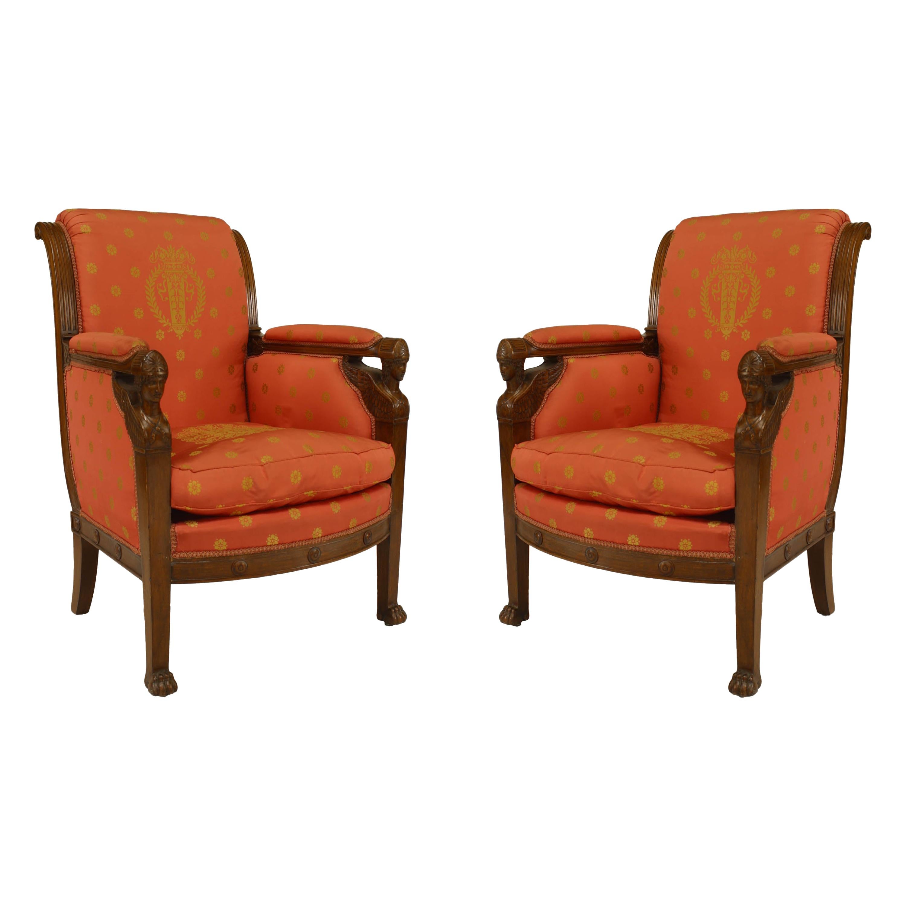 French Empire Silk Bergère Armchairs For Sale