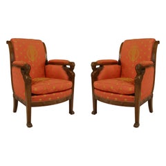 French Empire Silk Bergère Armchairs