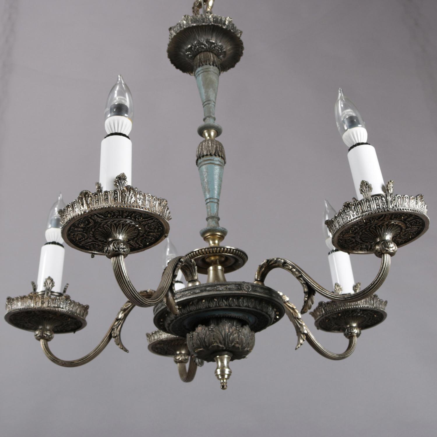 Cast French Empire Silver Gilt 5-Candle Light Branch Chandelier, circa 1930