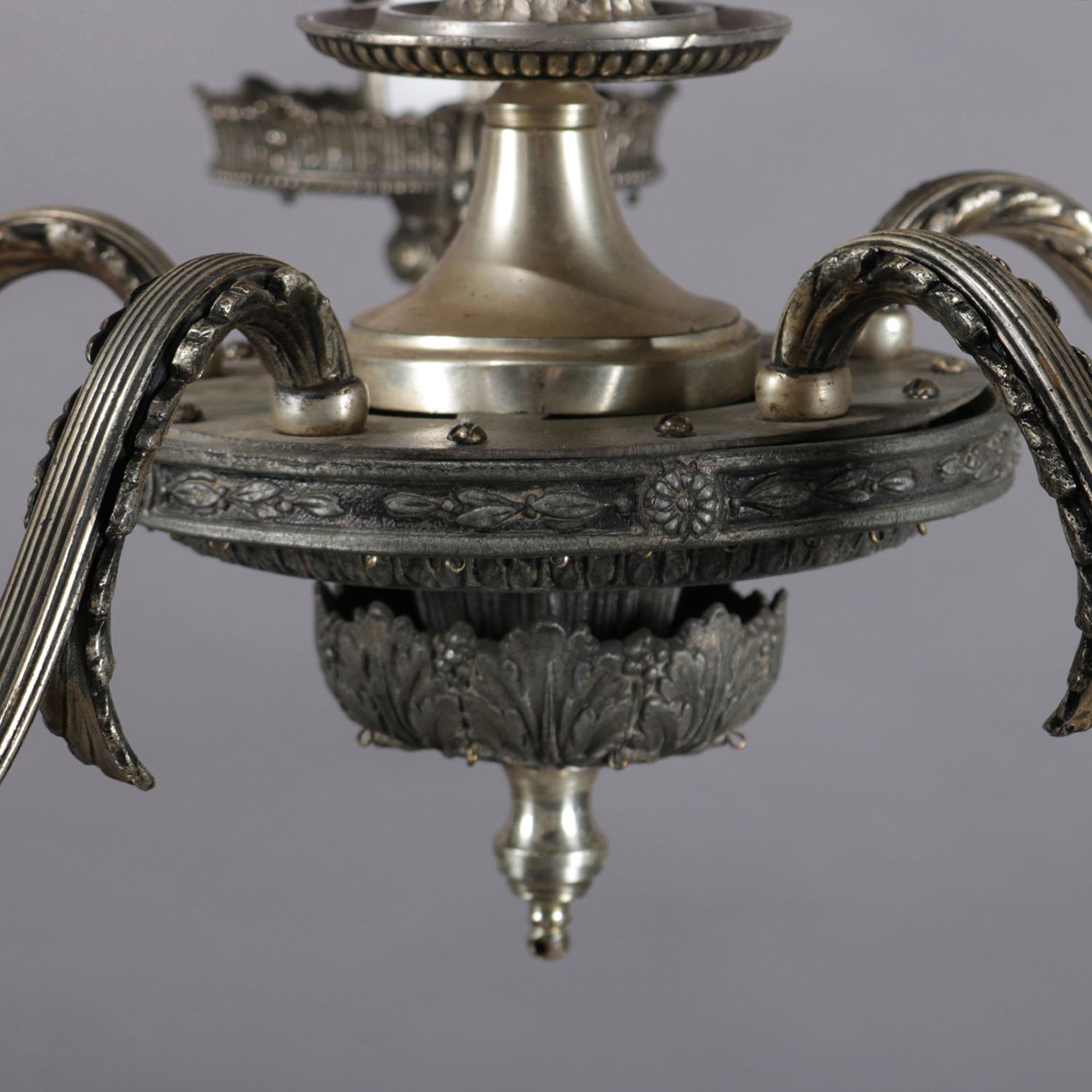Metal French Empire Silver Gilt 5-Candle Light Branch Chandelier, circa 1930