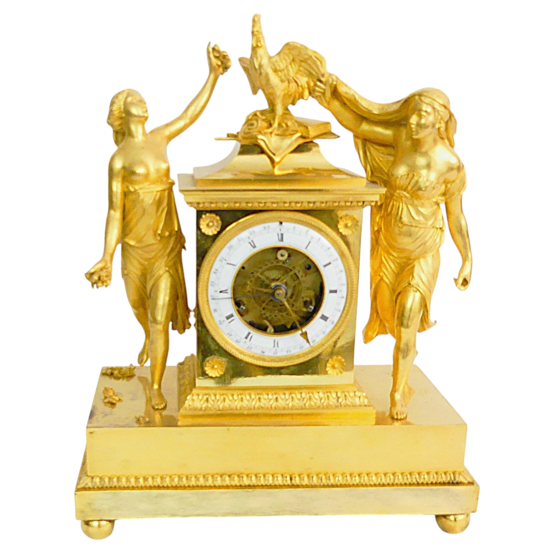 French Empire skeleton clock, fire-gilded, engraved bronze With calendar display For Sale