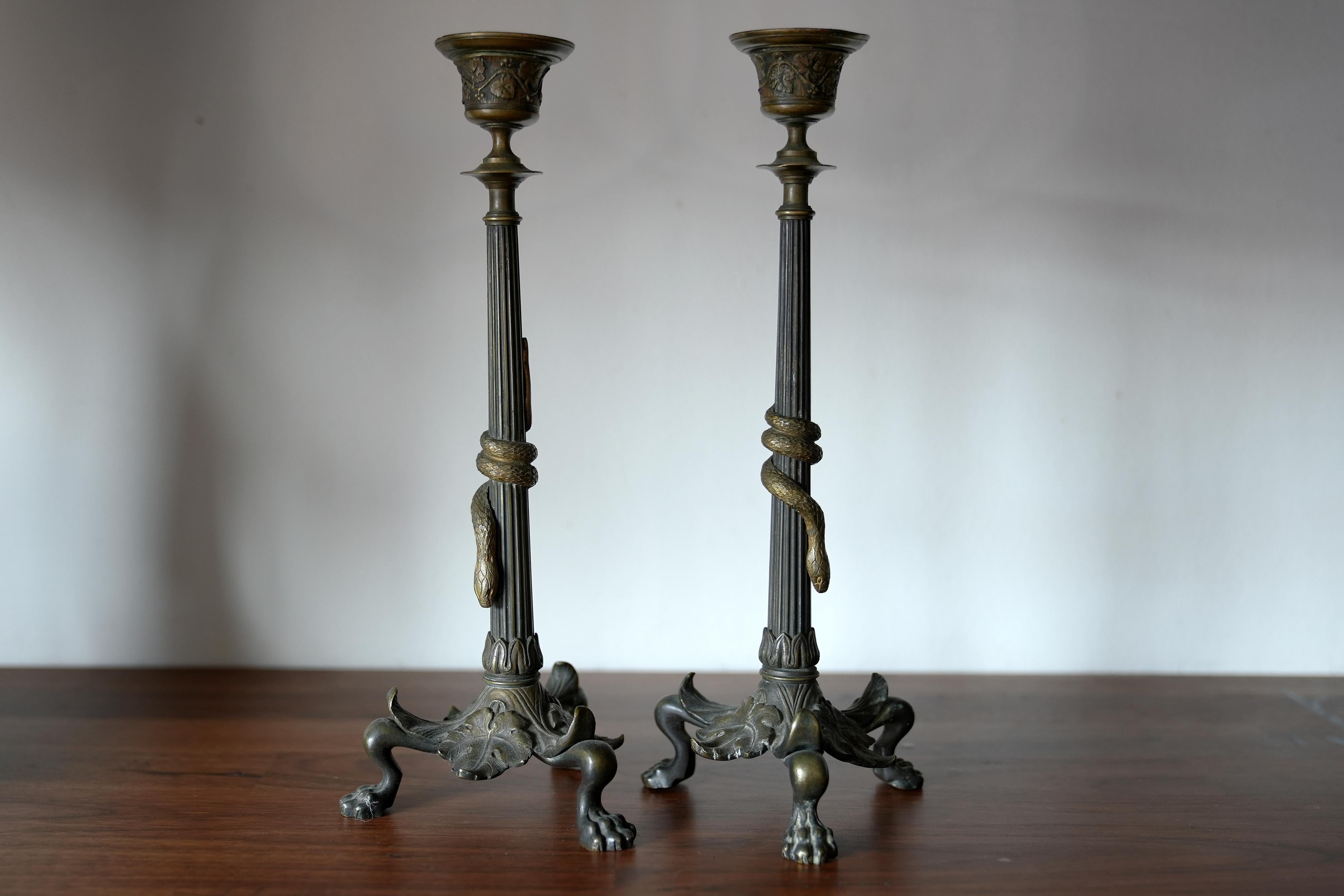 French Empire Snake Candlesticks In Good Condition For Sale In Hudson, NY