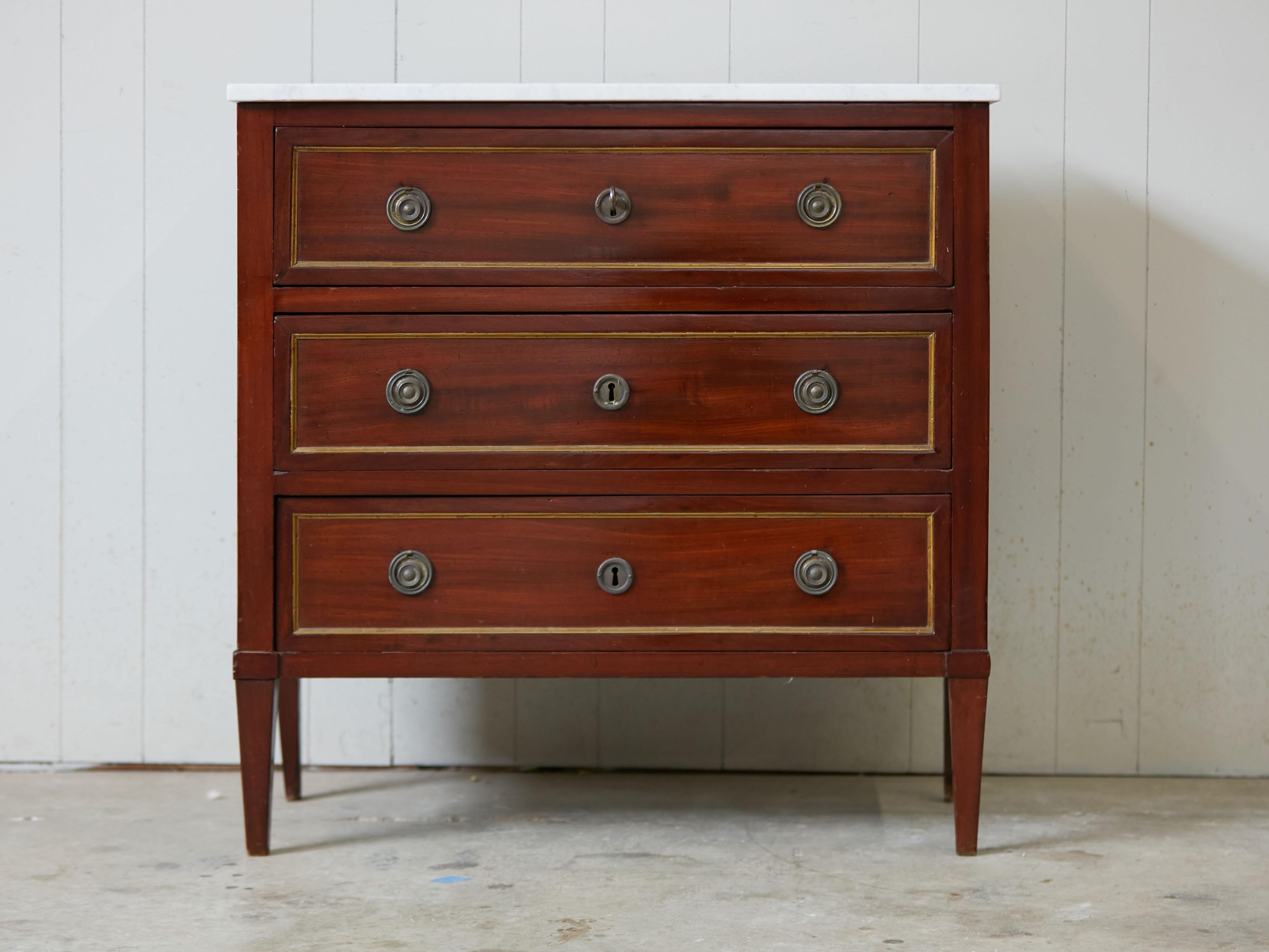 French Empire Style 1870s Mahogany Three-Drawer Commode with White Marble Top  In Good Condition For Sale In Atlanta, GA