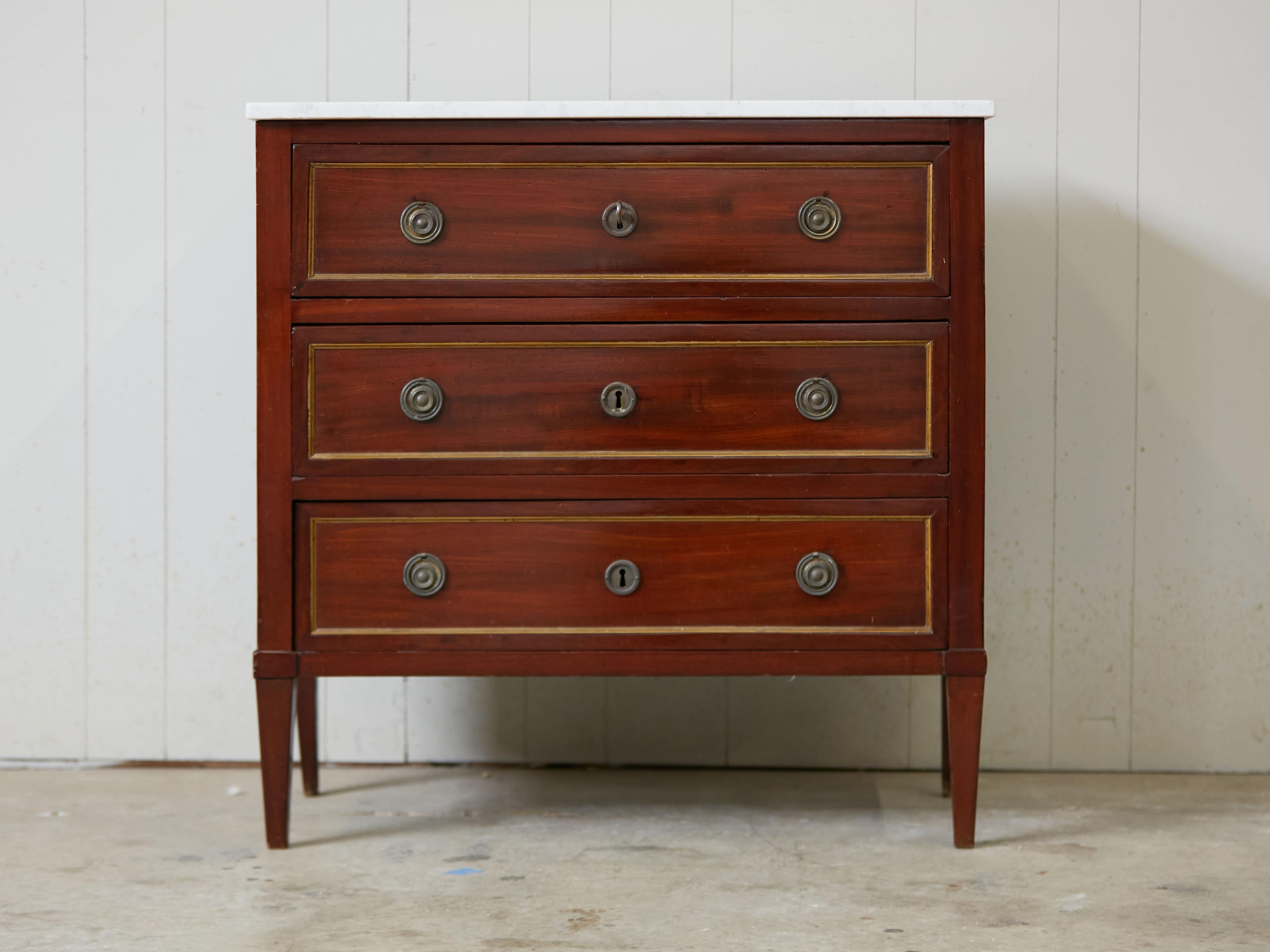 19th Century French Empire Style 1870s Mahogany Three-Drawer Commode with White Marble Top  For Sale