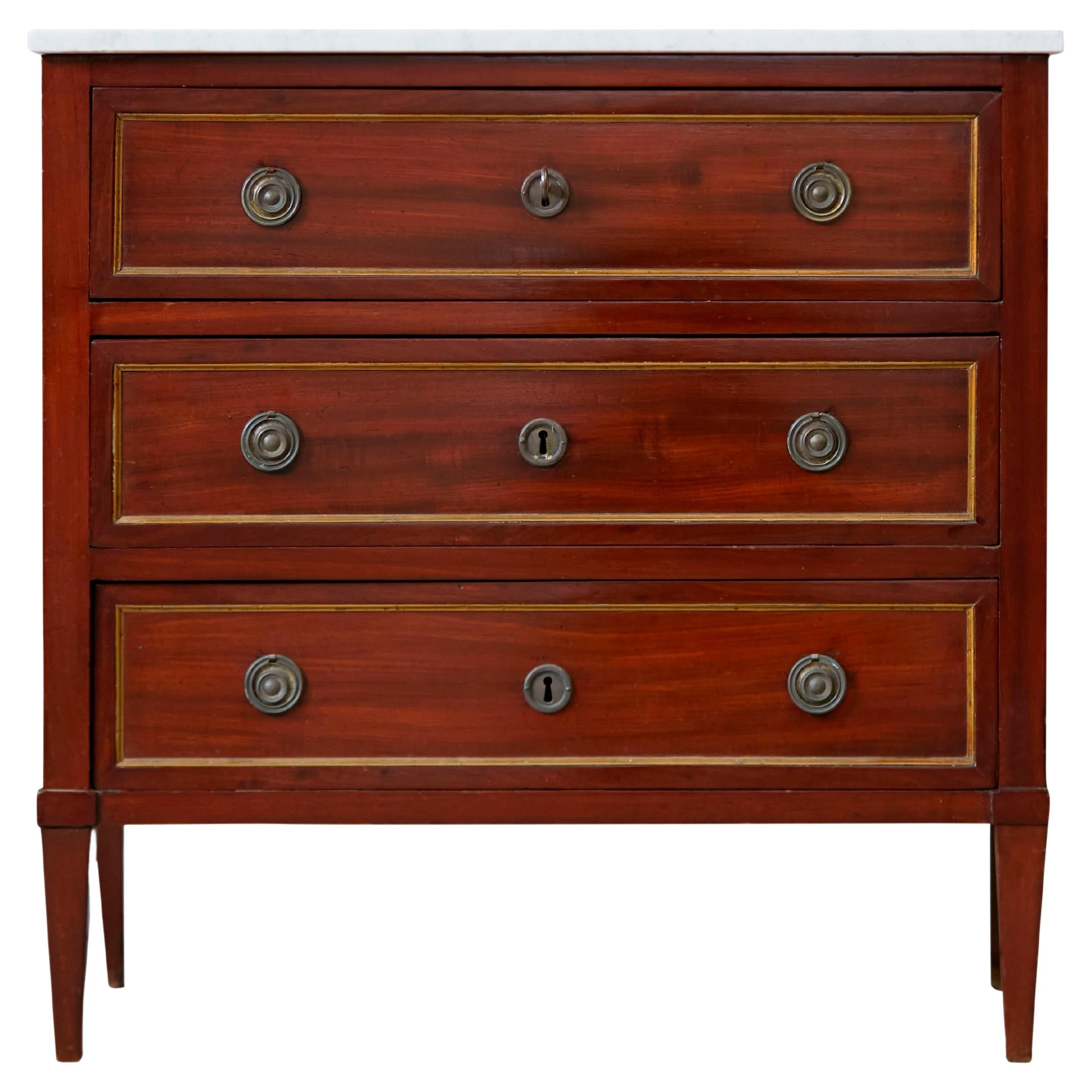 French Empire Style 1870s Mahogany Three-Drawer Commode with White Marble Top  For Sale