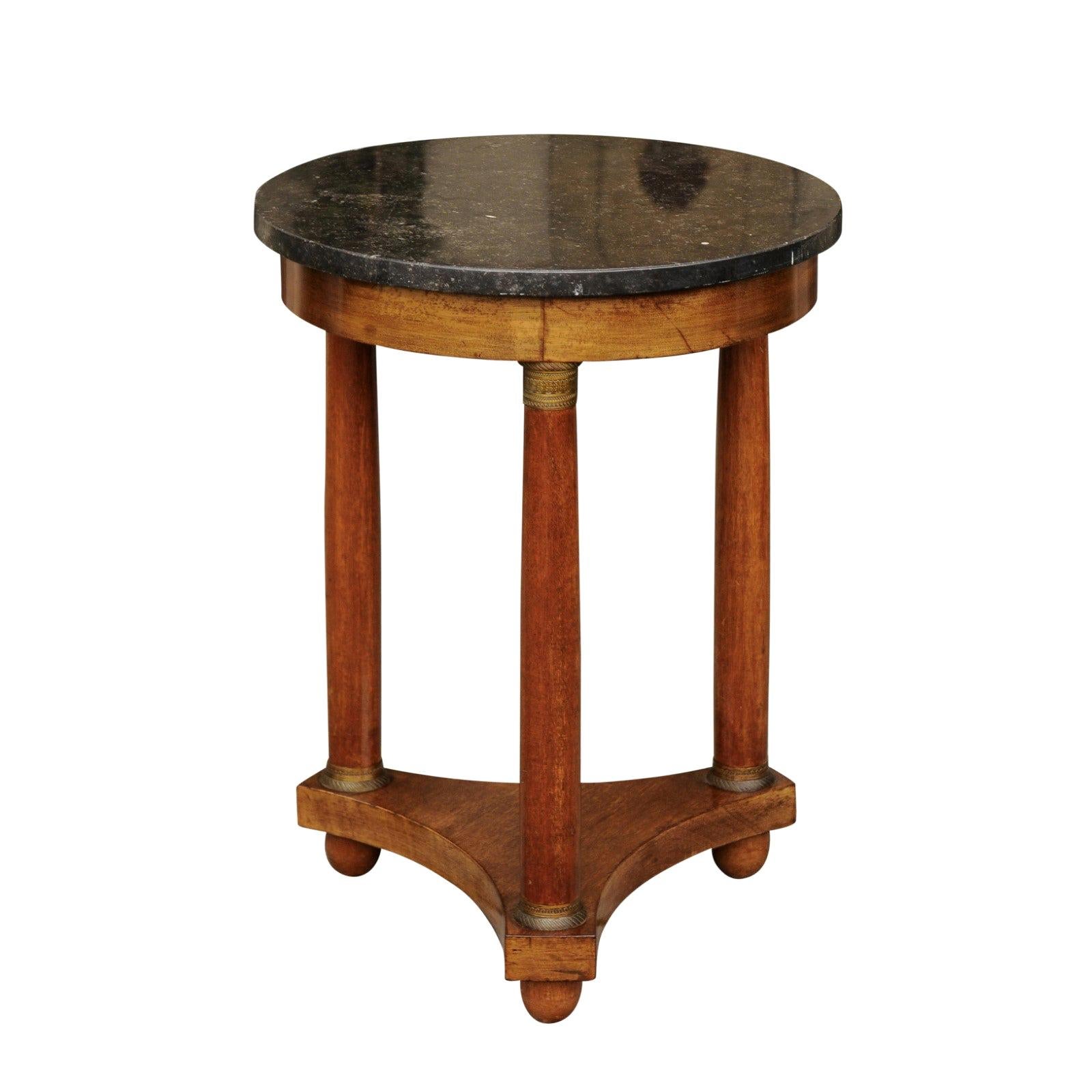 French Empire Style 1870s Walnut Guéridon with Marble Top and Bronze Mounts