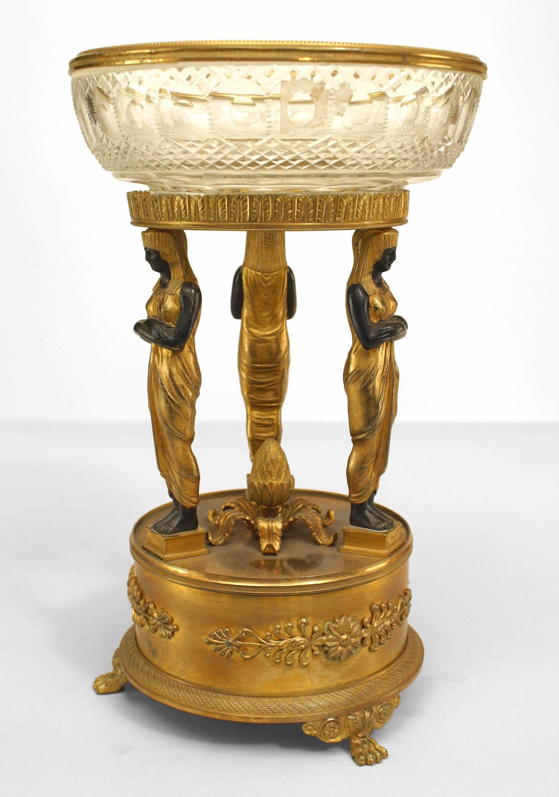 French Empire-style (19th Century) bronze dore compote with 3 Egyptian ebonized figures and crystal bowl.
