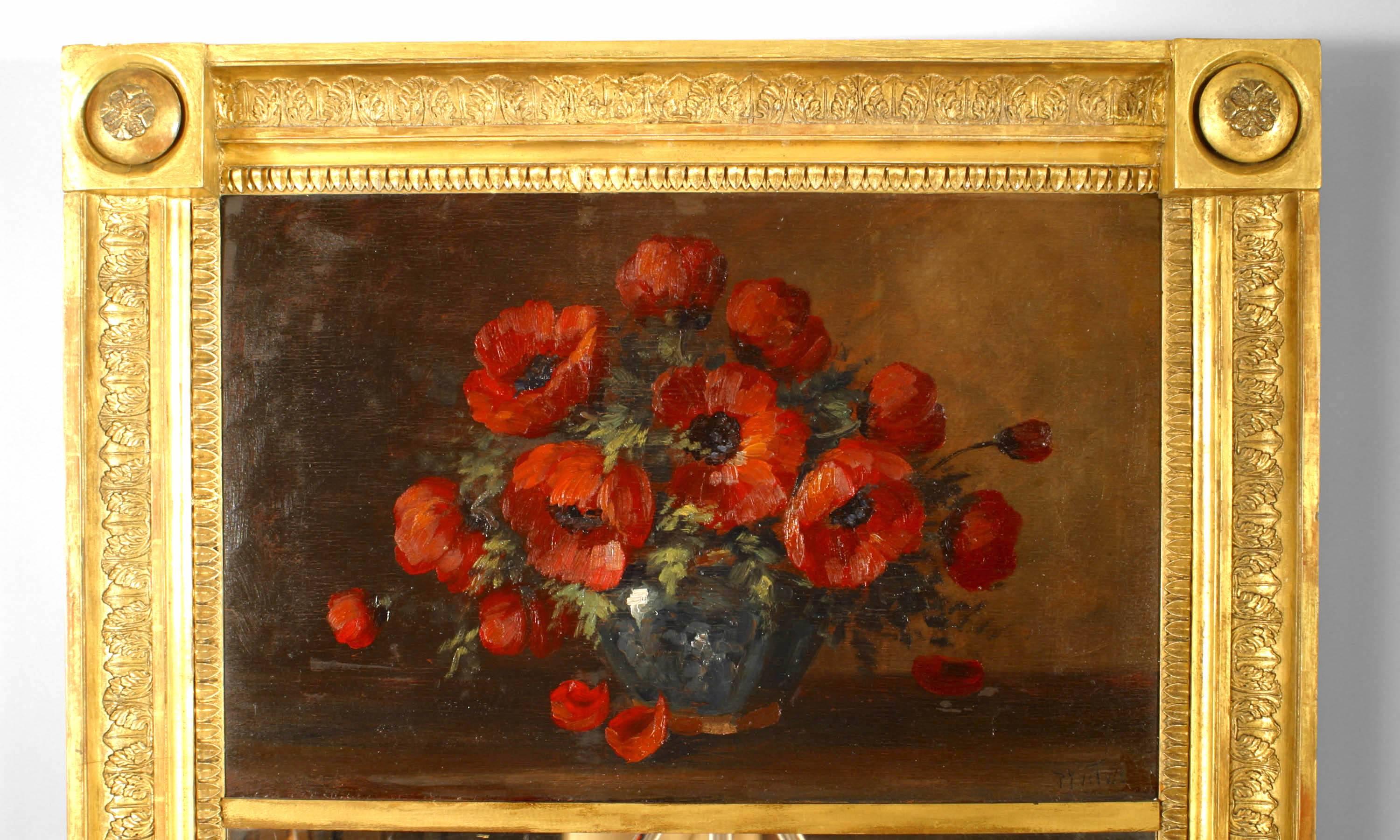 French Empire-style (19th Century) carved giltwood trumeau / wall mirror with painted upper panel of red poppies and flowers (signed).
