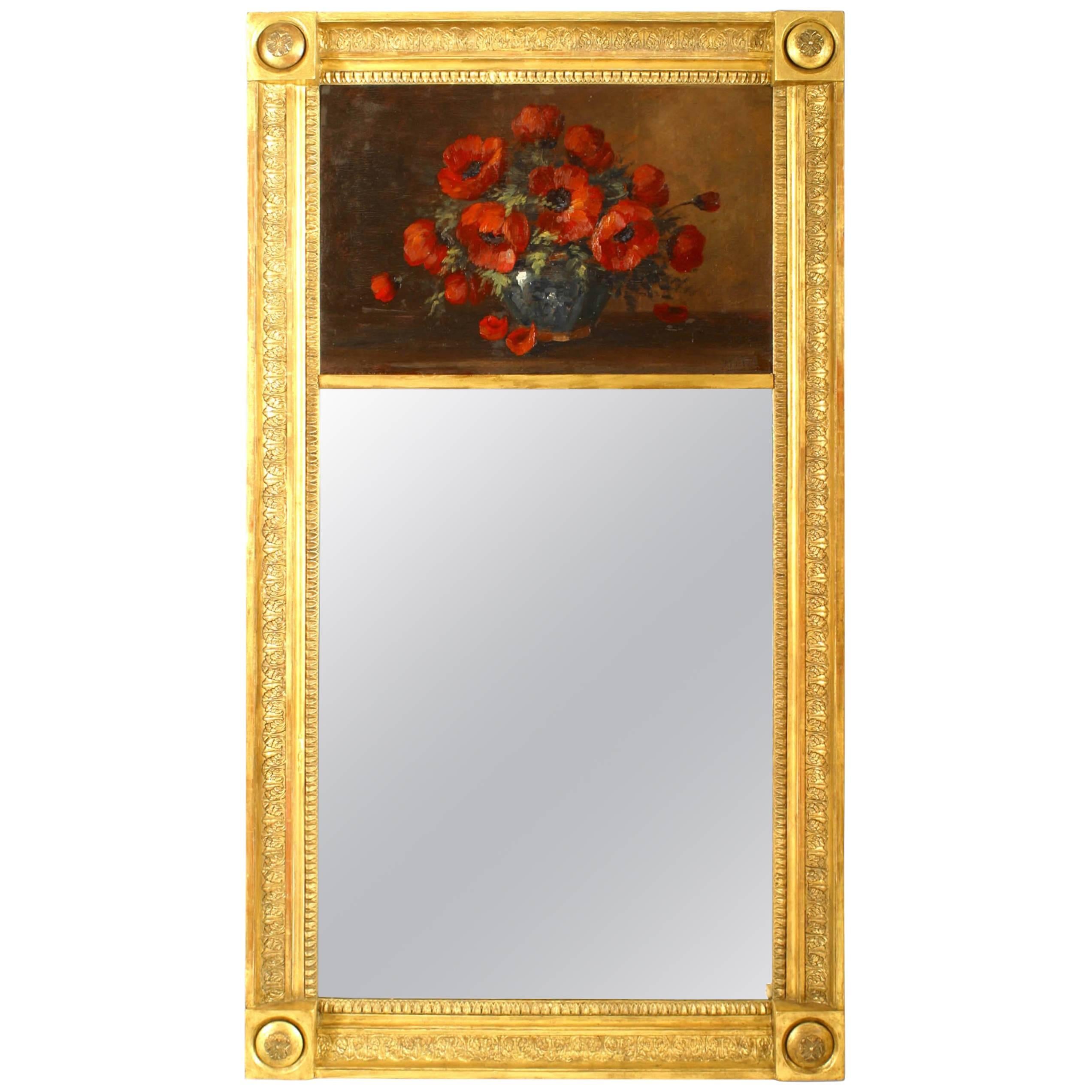 French Empire Style Gilt Red Poppy Design Trumeau / Wall Mirror For Sale