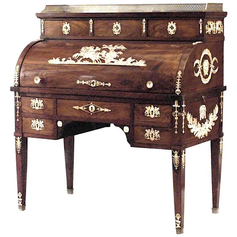 French Empire Style Mahogany Roll Top Desk with Bronze Gilt Trim For Sale