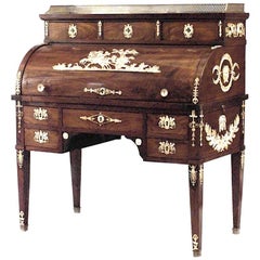 French Empire Style Mahogany Roll Top Desk with Bronze Gilt Trim