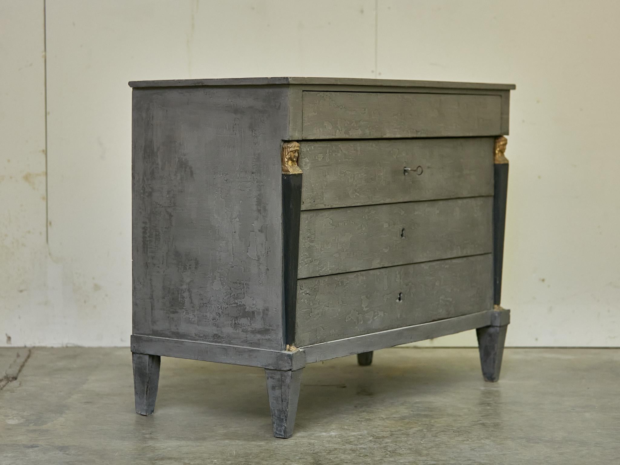 French Empire Style 19th Century Painted Four-Drawer Commode with Gilded Busts For Sale 6