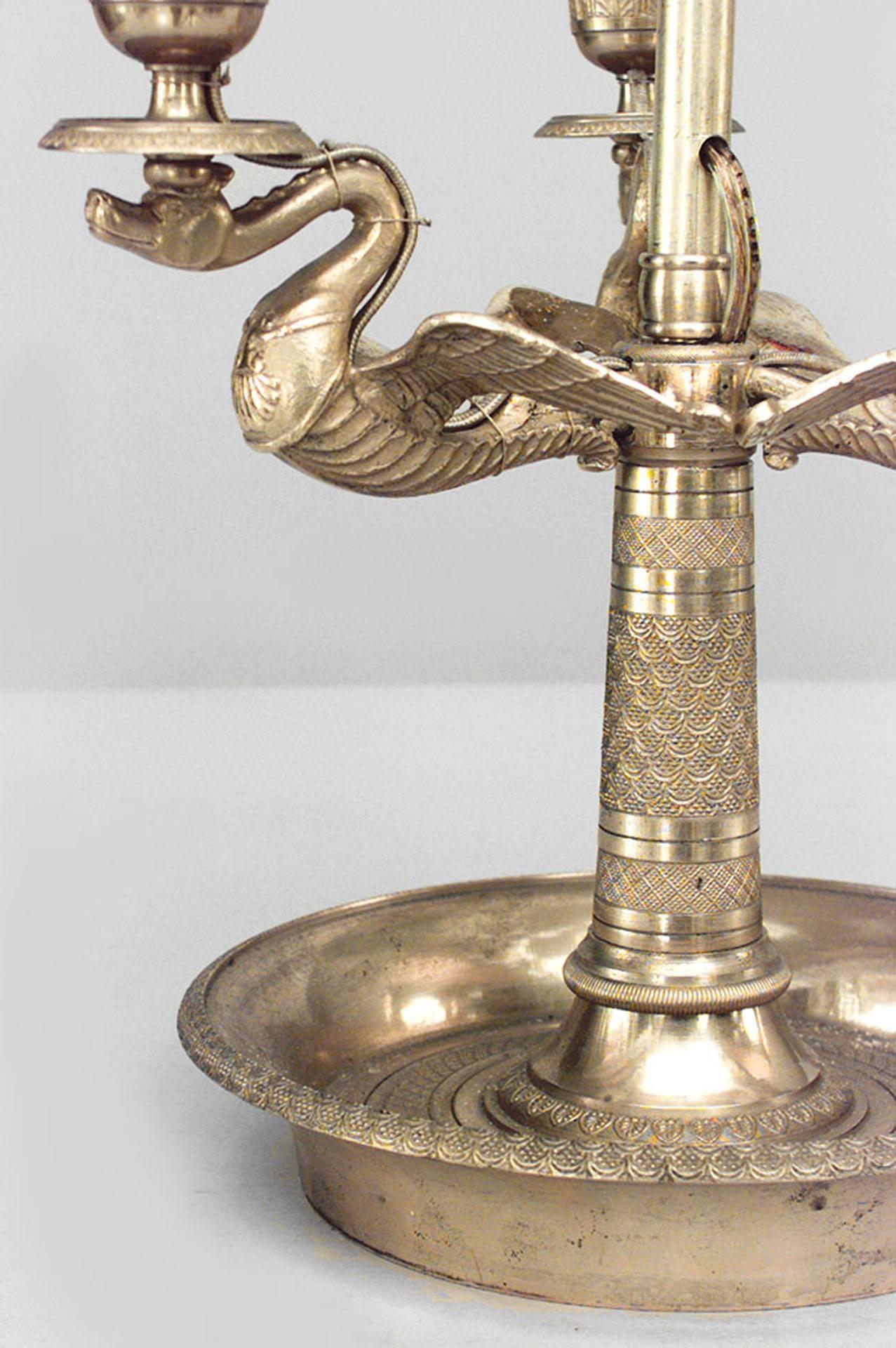 French Empire style (20th Century) bronze dore 3 arm bouillotte table lamp with swan motif.
