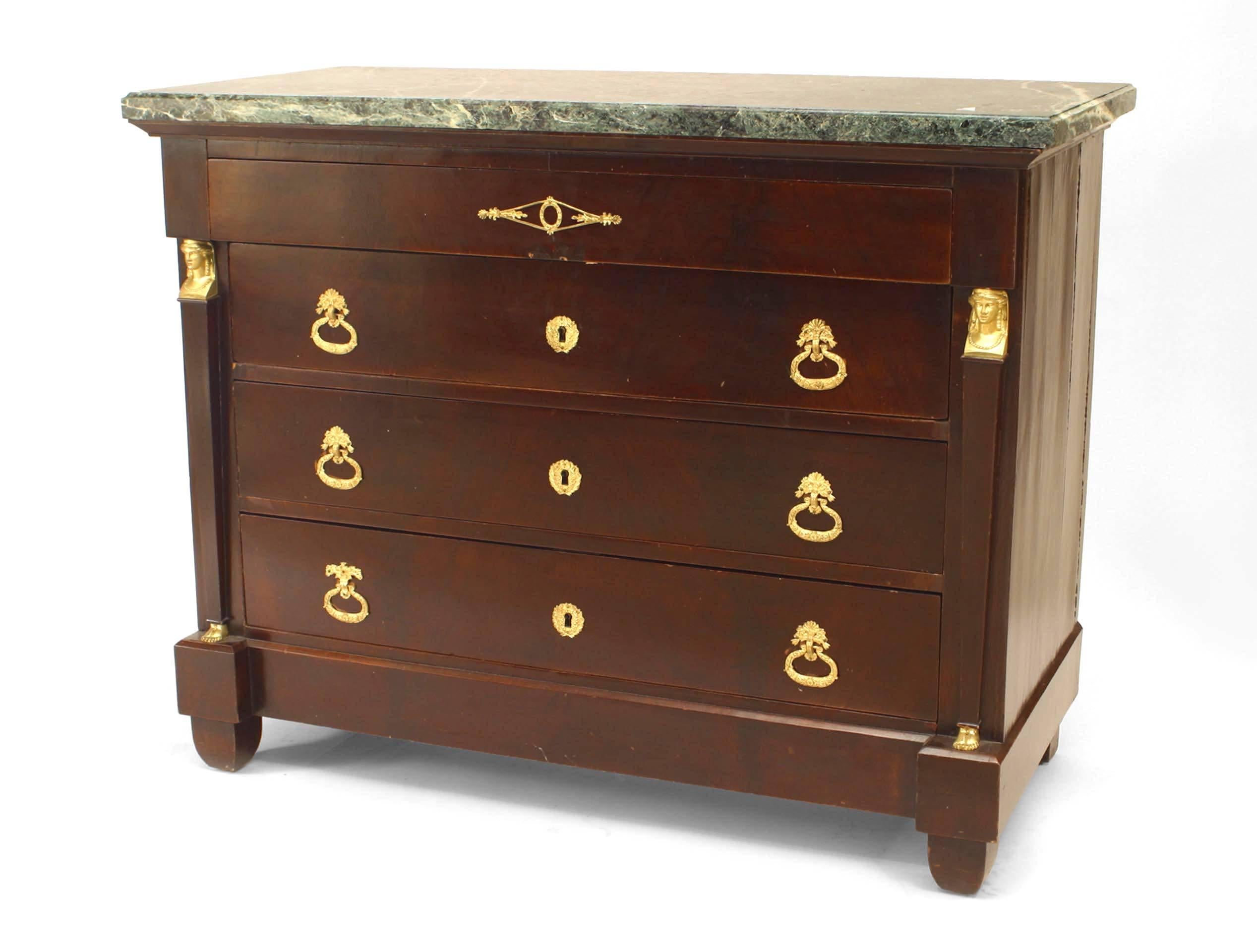 French Empire style (20th Century) mahogany chest with 4 drawers and green marble top with gilt bronze handles and trim
