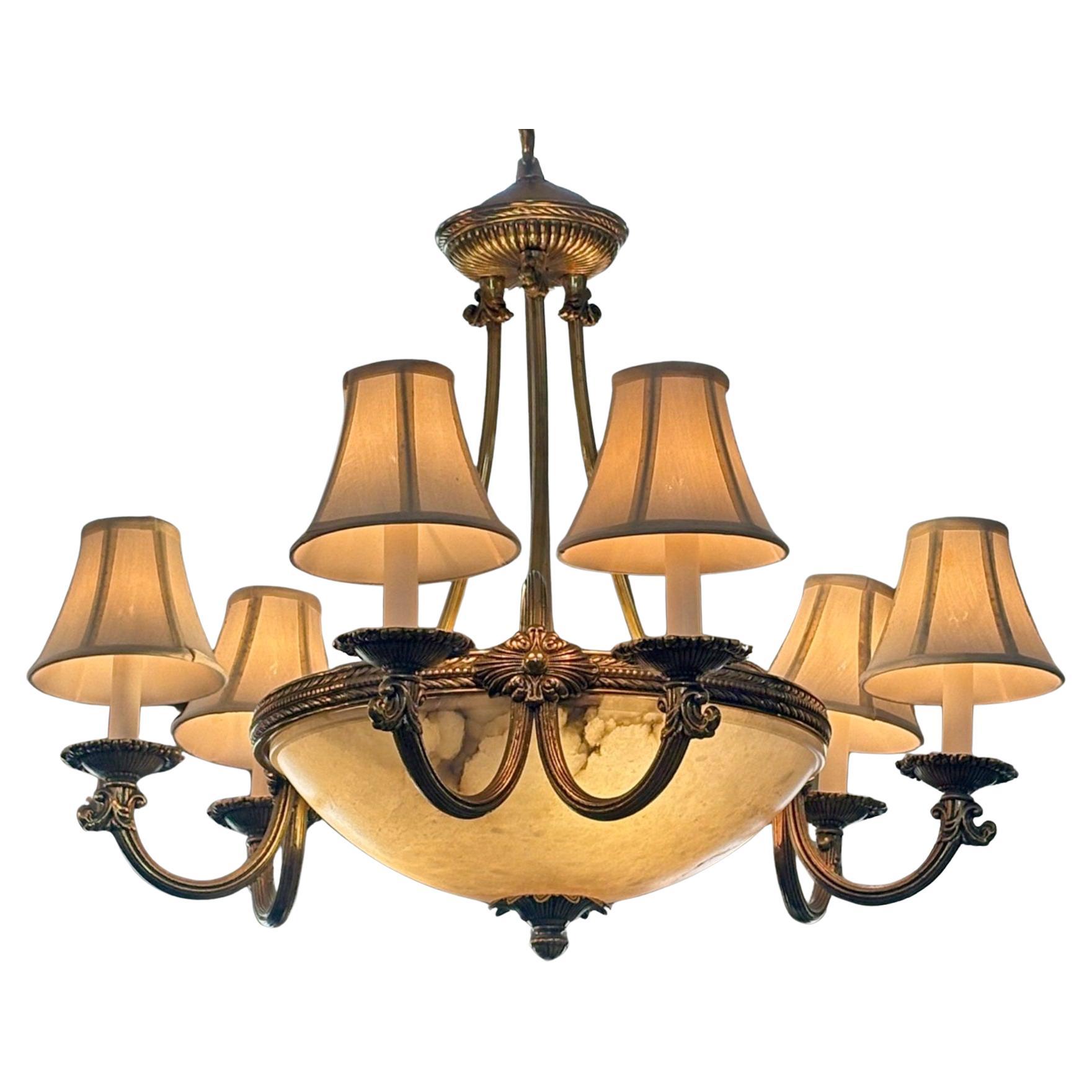 French Empire Style Alabaster and Brass Chandelier 27 X 27 X 27