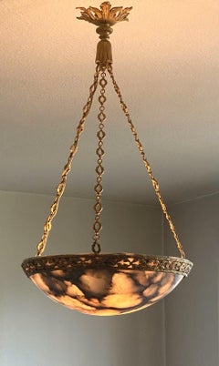 French Art Deco Alabaster Bronze Chandelier Pendant, Paris, 1910-1920