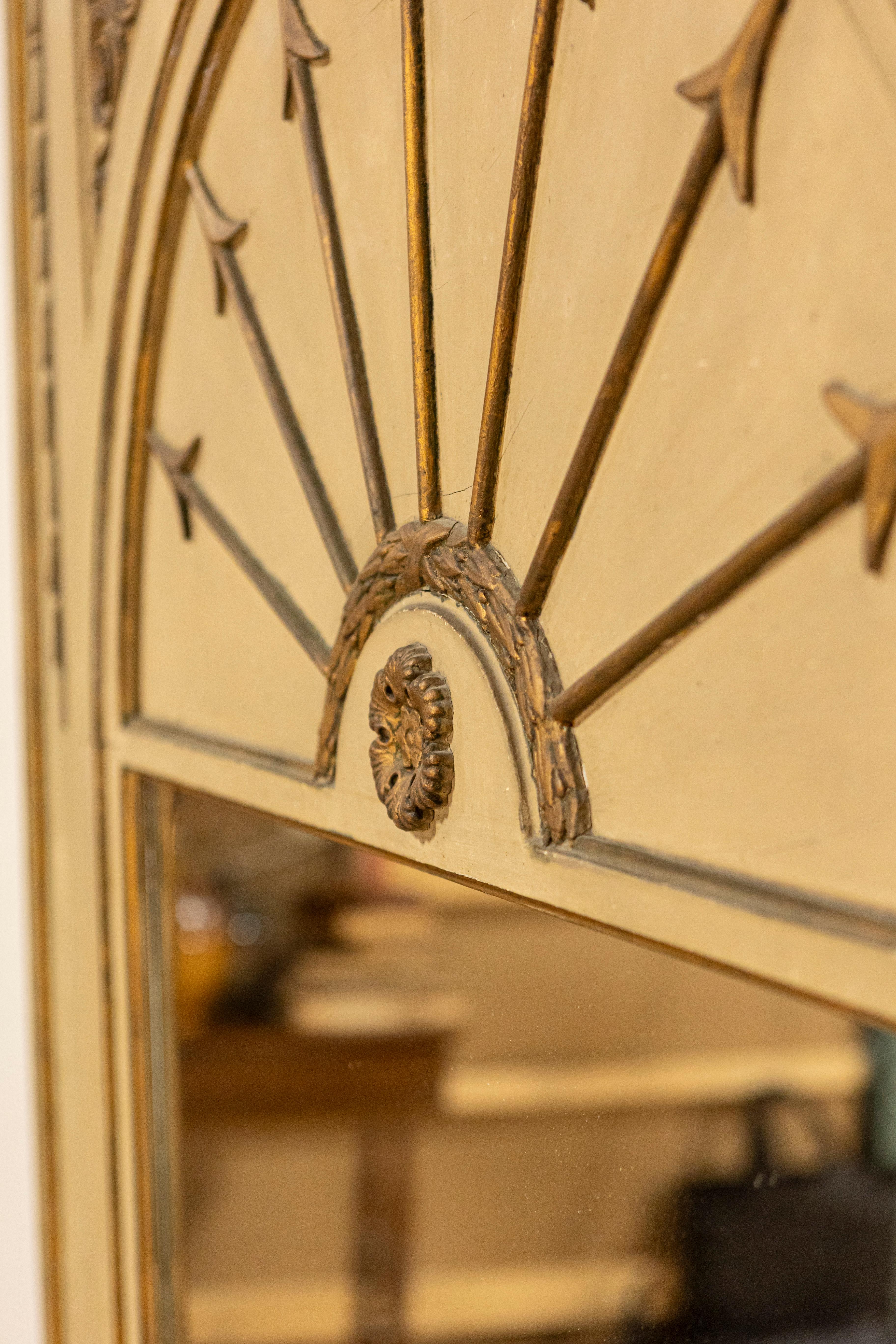 French Empire Style Beige Painted Trumeau Mirror with Carved Gilt Décor For Sale 3