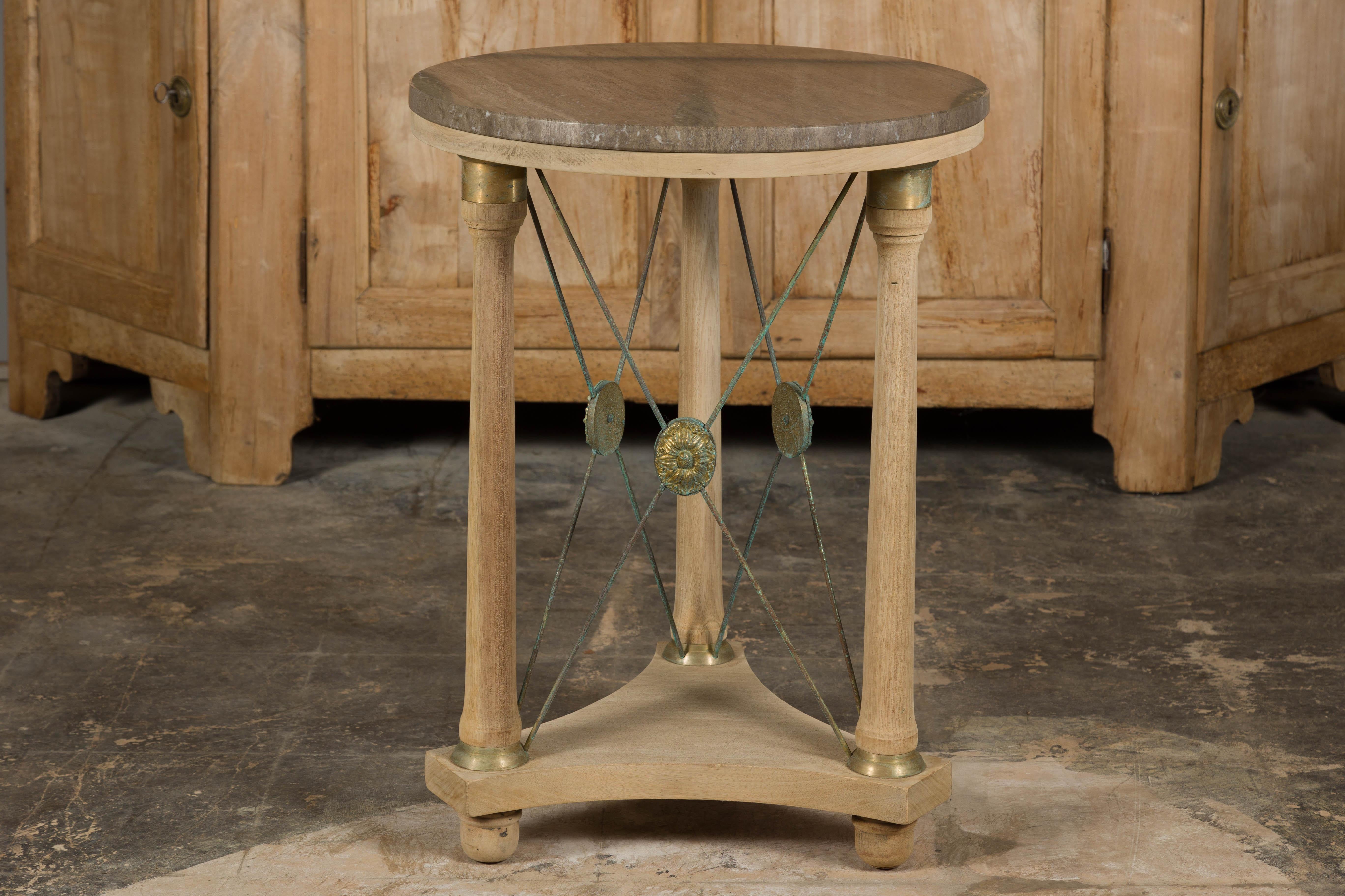 French Empire Style Bleached Side Table with Marble Top and Bronze Medallions 6