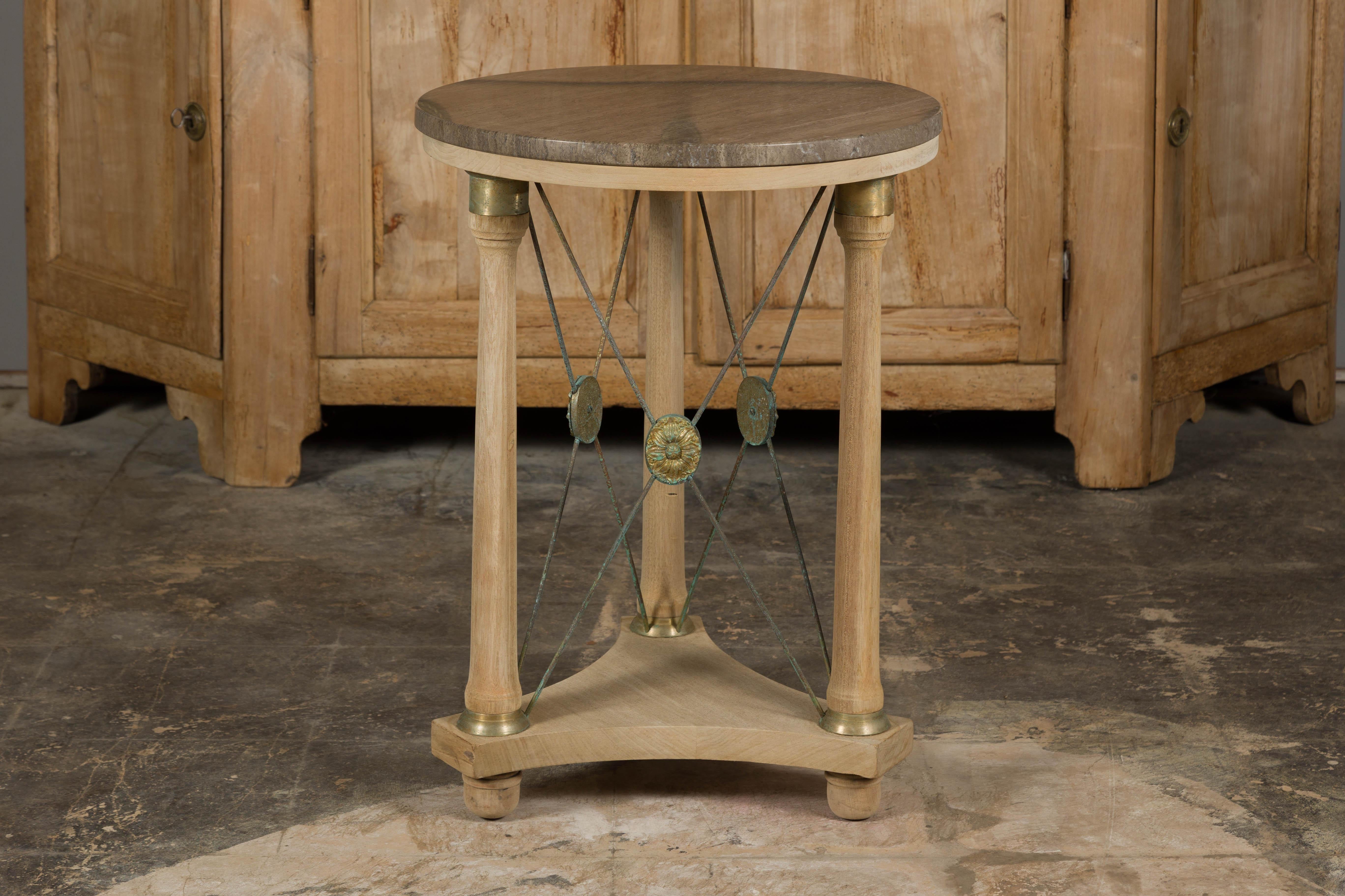 French Empire Style Bleached Side Table with Marble Top and Bronze Medallions 7