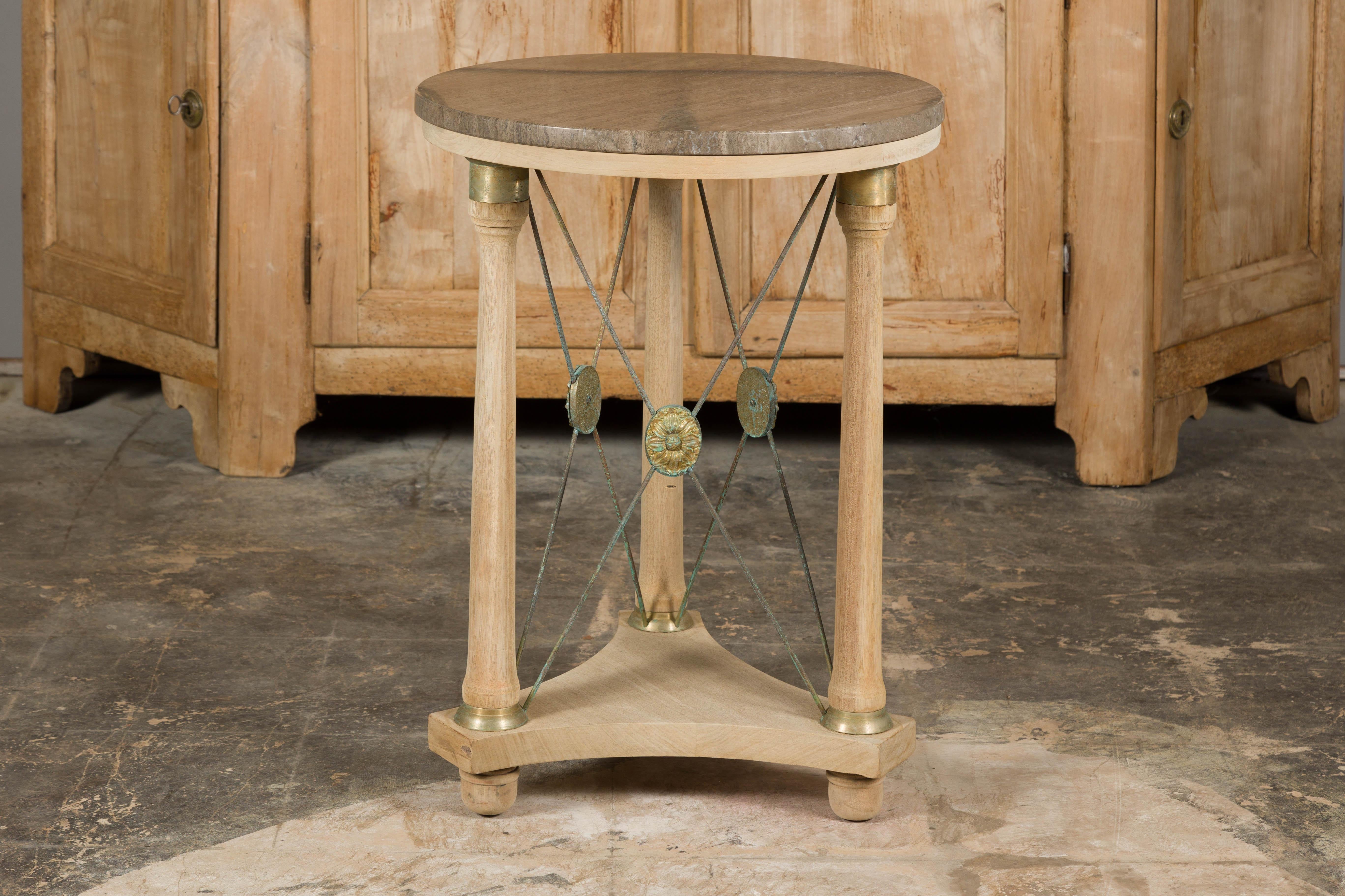 French Empire Style Bleached Side Table with Marble Top and Bronze Medallions 8