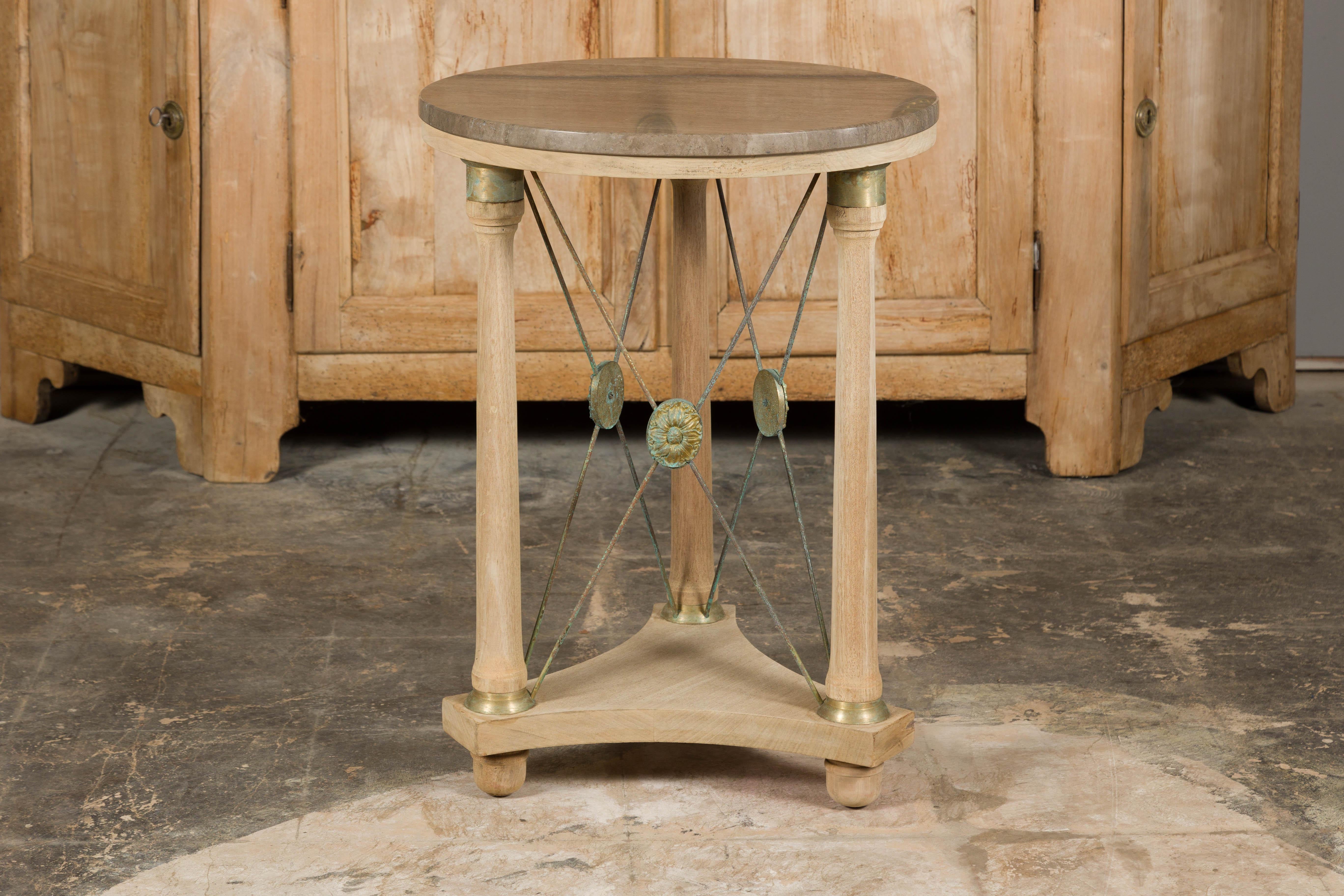 French Empire Style Bleached Side Table with Marble Top and Bronze Medallions 10